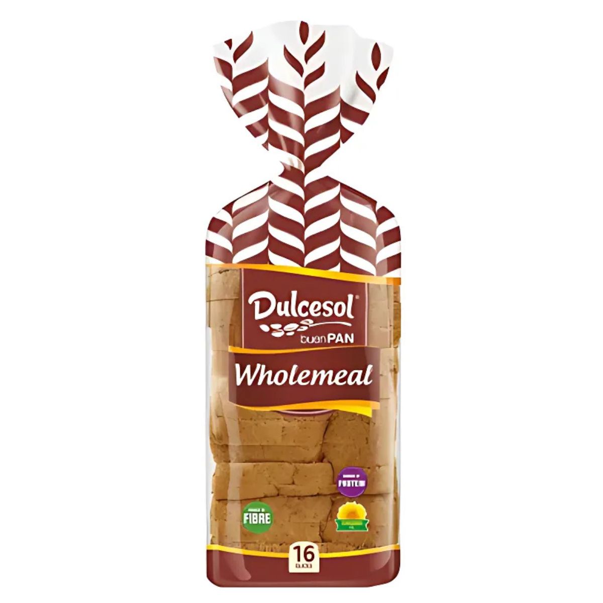A 460g pack of Dulcesol Wholemeal Sliced Bread with 16 slices comes in brown and white packaging decorated with fiber and fruit icons. A 460g pack of Dulcesol Wholemeal Sliced Bread with 16 slices comes in brown and white packaging decorated with fiber and fruit icons.