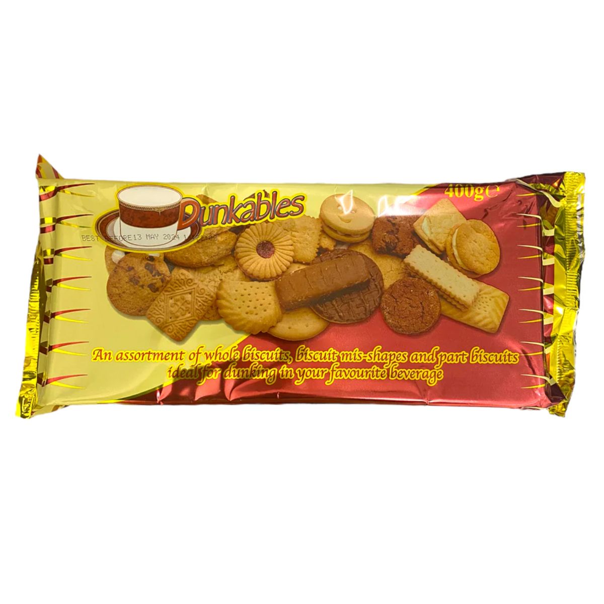 A package of Dunkables - Biscuit Assortment - 400g with a cup of coffee.