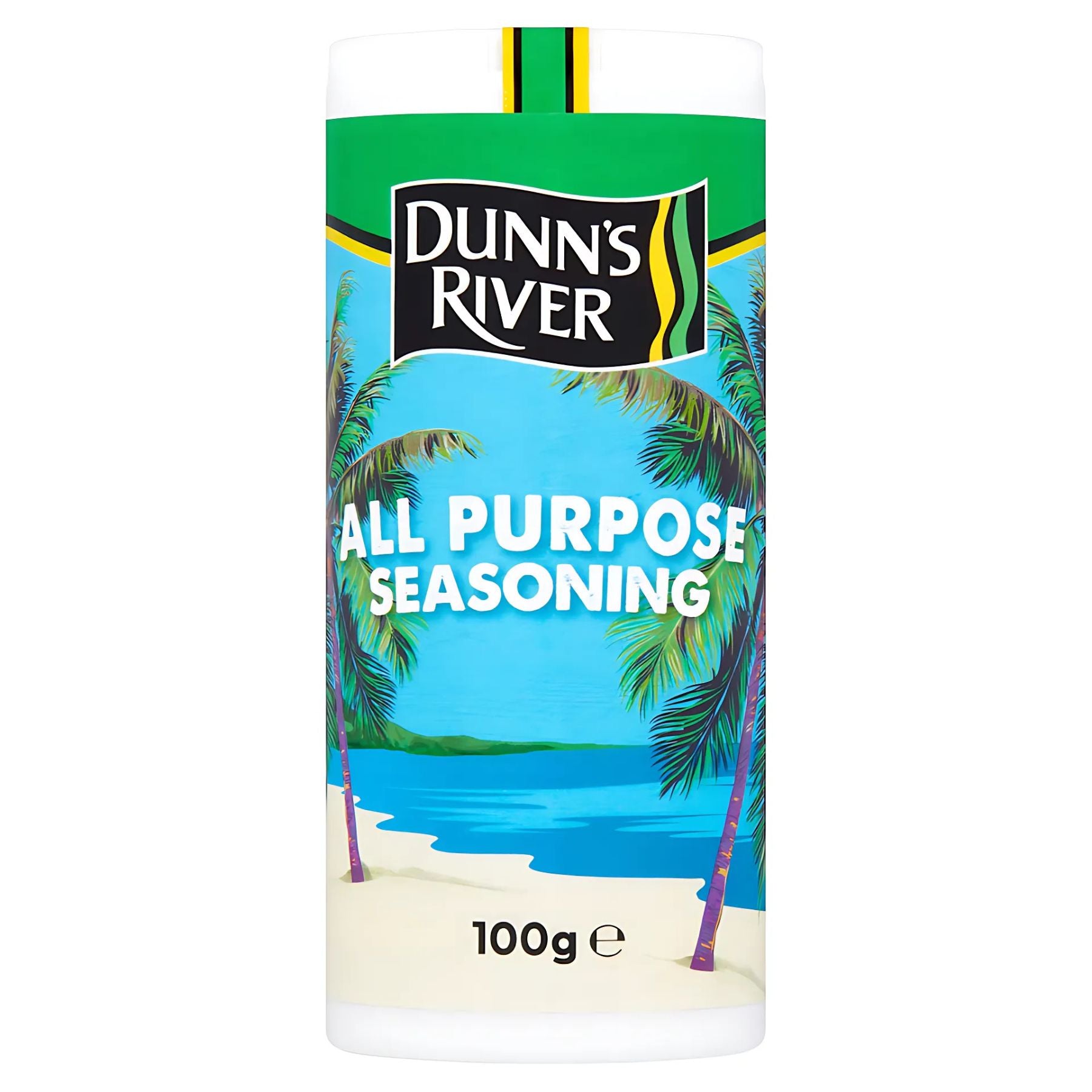A 100g cylindrical container of Dunn's River All Purpose Seasoning displays a tropical beach illustration on its label. A 100g cylindrical container of Dunn's River All Purpose Seasoning displays a tropical beach illustration on its label.