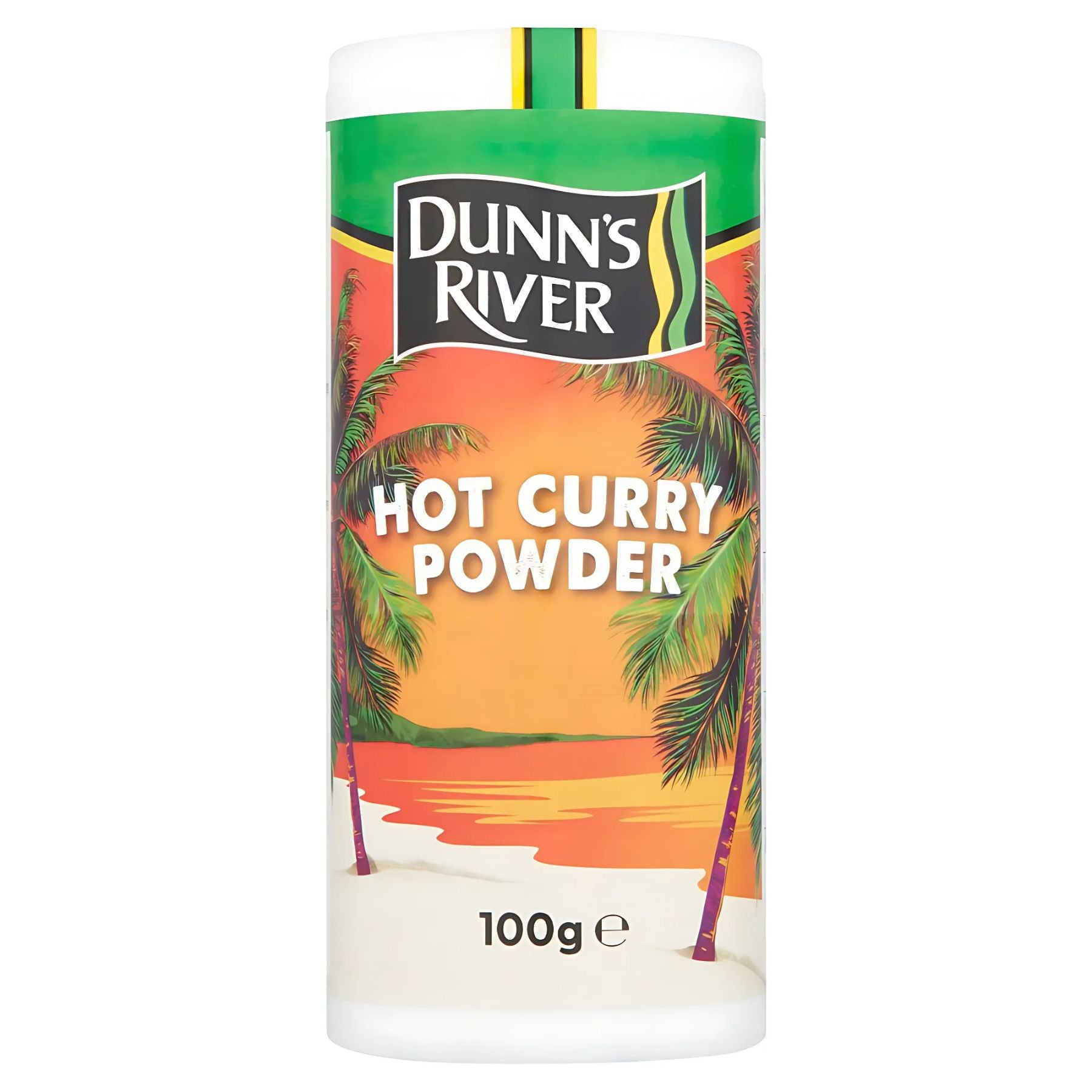 A 100g container of Dunn's River Hot Curry Powder, with a vibrant label displaying a beach scene and palm trees. A 100g container of Dunn's River Hot Curry Powder, with a vibrant label displaying a beach scene and palm trees.