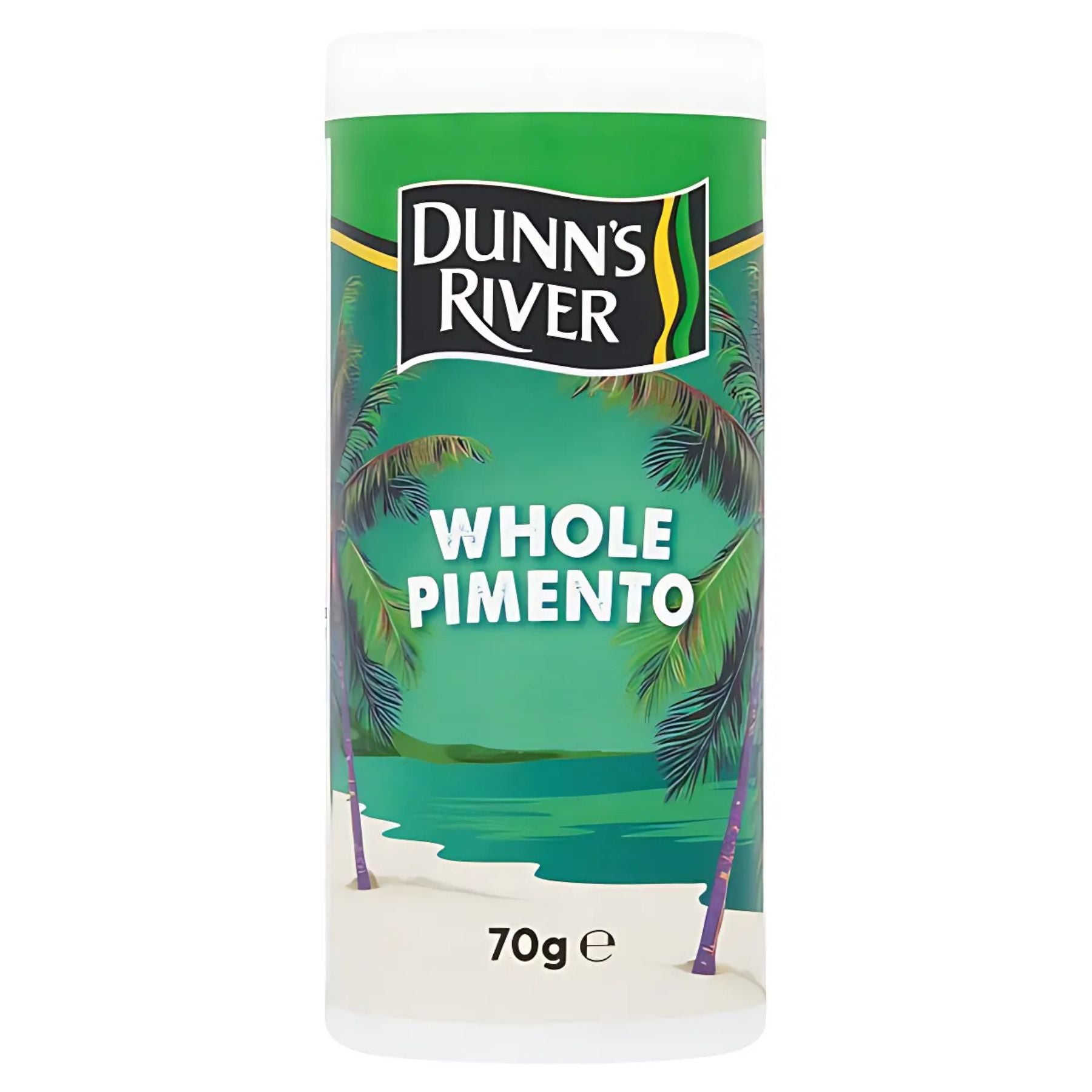 A 70g container of Dunn's River - Whole Pimento, a classic Caribbean spice with whole pimento berries, comes in packaging featuring a tropical beach scene. A 70g container of Dunn's River - Whole Pimento, a classic Caribbean spice with whole pimento berries, comes in packaging featuring a tropical beach scene.