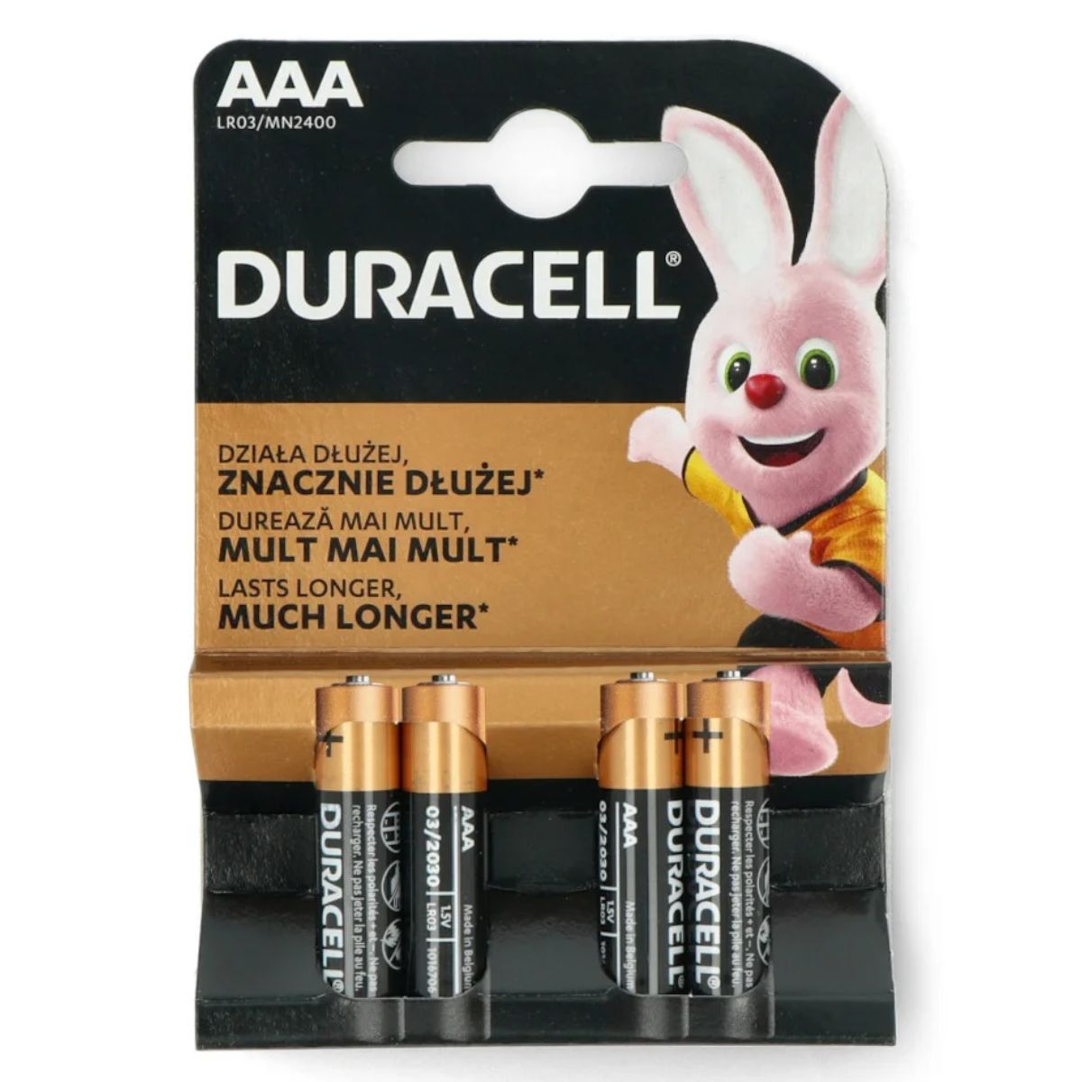 Packaging of Duracell - Duralock AAA Batteries featuring the brand's pink bunny mascot, with text in multiple languages stating "long-lasting energy. Packaging of Duracell - Duralock AAA Batteries featuring the brand's pink bunny mascot, with text in multiple languages stating "long-lasting energy.