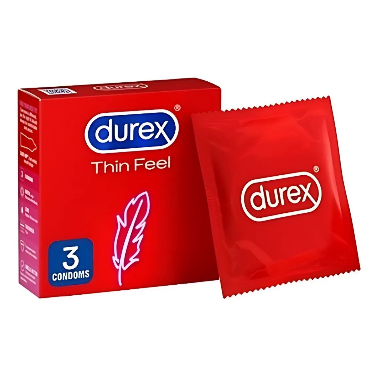 A red box of Durex Thin Feel Condoms - 3x4g contains three luxury condoms providing an intimate sensation, with one foil packet presented beside it. A red box of Durex Thin Feel Condoms - 3x4g contains three luxury condoms providing an intimate sensation, with one foil packet presented beside it.