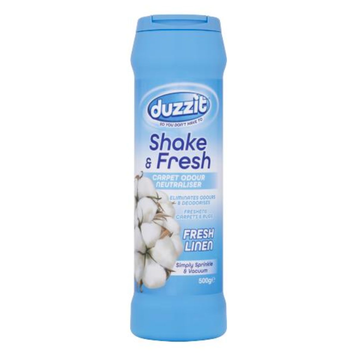 A bottle of Duzzit - Shake & Fresh Carpet Odour Neutraliser - Fresh Linen - 500g laundry detergent.