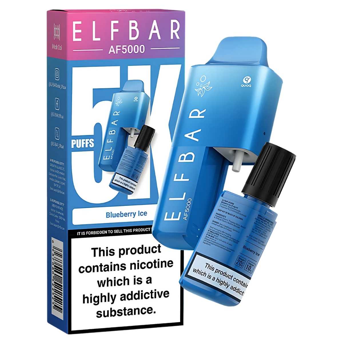 Try the ELFBAR AF5000 Blueberry Ice Prefilled Kit for up to 5000 puffs of refreshing blueberry flavor. Rechargeable with sleek packaging and a prominent nicotine warning for safety, it's a blissful experience at 20mg strength. Try the ELFBAR AF5000 Blueberry Ice Prefilled Kit for up to 5000 puffs of refreshing blueberry flavor. Rechargeable with sleek packaging and a prominent nicotine warning for safety, it's a blissful experience at 20mg strength.