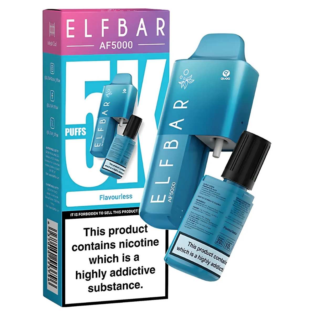 ELFBAR - AF5000 Flavourless Prefilled Vape Kit - 20mg shown with packaging, refill bottle, and device; offers up to 5000 puffs, USB-C charging. Warning: Product contains highly addictive nicotine. ELFBAR - AF5000 Flavourless Prefilled Vape Kit - 20mg shown with packaging, refill bottle, and device; offers up to 5000 puffs, USB-C charging. Warning: Product contains highly addictive nicotine.