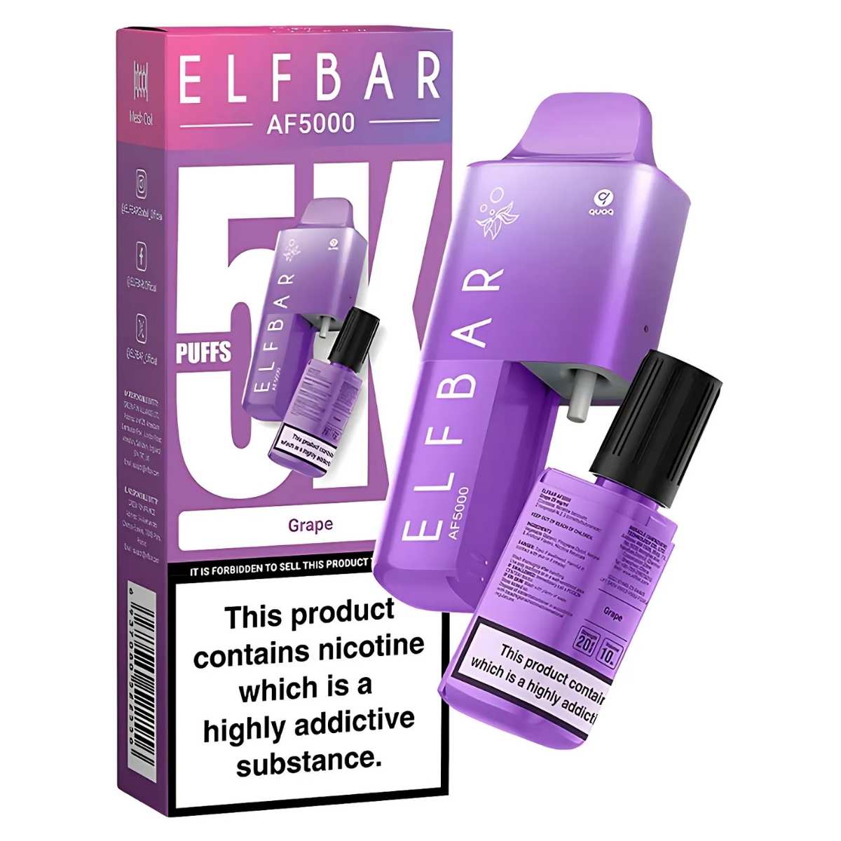 The ELFBAR - AF5000 Grape Prefilled Vape Kit - 20mg offers up to 5000 puffs, includes a refill bottle and USB Type-C charging, and comes in packaging with health warnings about nicotine's addictiveness. The ELFBAR - AF5000 Grape Prefilled Vape Kit - 20mg offers up to 5000 puffs, includes a refill bottle and USB Type-C charging, and comes in packaging with health warnings about nicotine's addictiveness.