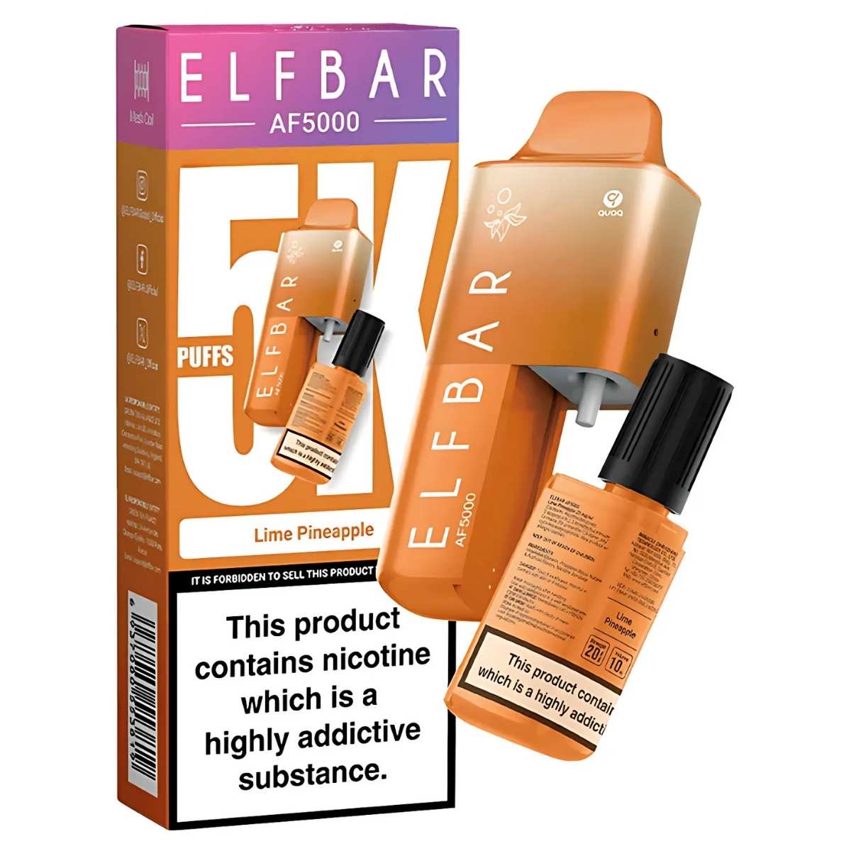 The ELFBAR AF5000 Lime Pineapple Prefilled Vape Kit - 20mg includes a vape, packaging, and e-liquid bottle with nicotine warning labels. Enjoy up to 5000 puffs of rich flavor from a premium mesh coil. The ELFBAR AF5000 Lime Pineapple Prefilled Vape Kit - 20mg includes a vape, packaging, and e-liquid bottle with nicotine warning labels. Enjoy up to 5000 puffs of rich flavor from a premium mesh coil.