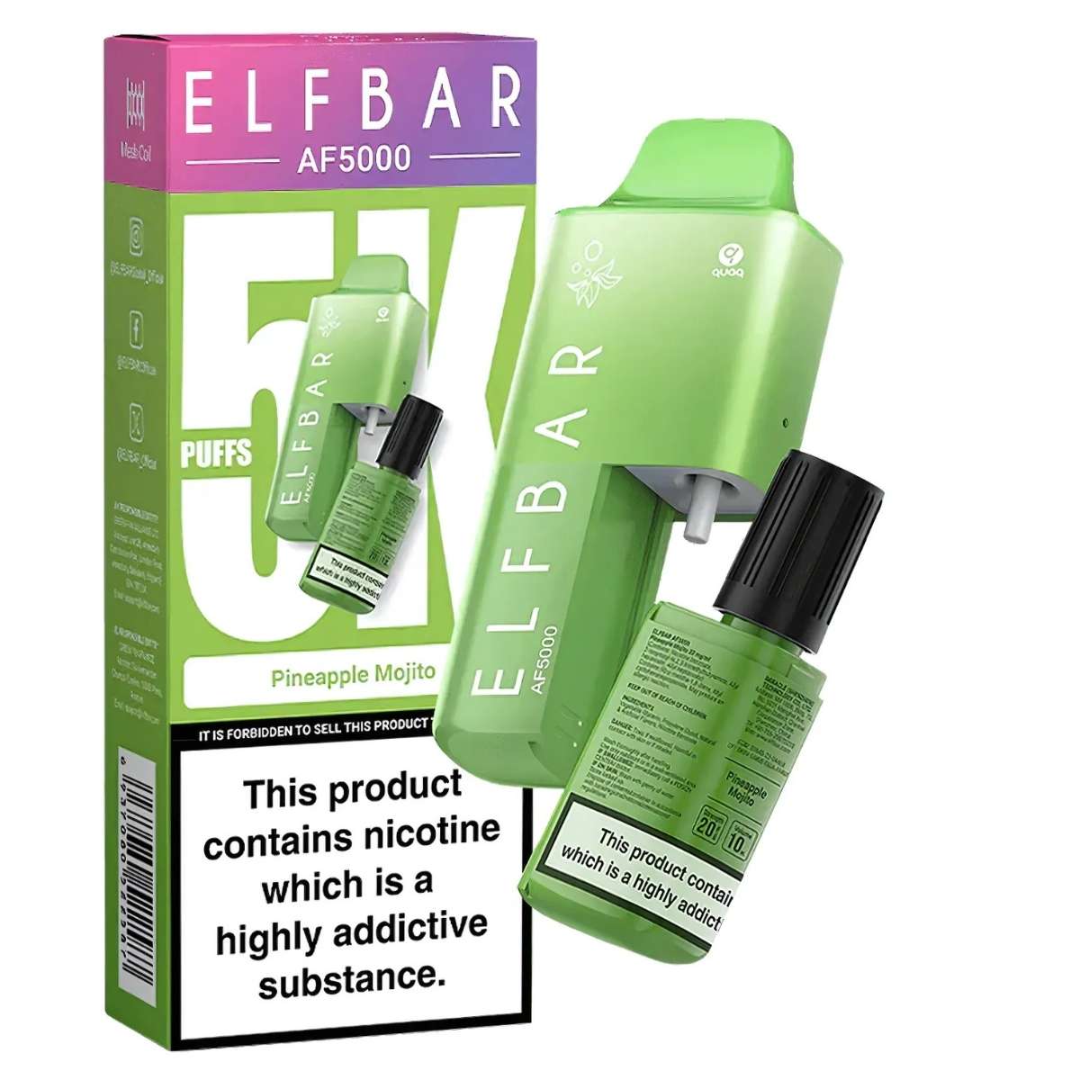 The ELFBAR AF5000 Pineapple Mojito Prefilled Kit offers up to 5000 puffs and features a mesh coil for smooth, consistent flavor. With USB Type-C charging, the kit includes a device and e-liquid container with a prominent nicotine warning label. The ELFBAR AF5000 Pineapple Mojito Prefilled Kit offers up to 5000 puffs and features a mesh coil for smooth, consistent flavor. With USB Type-C charging, the kit includes a device and e-liquid container with a prominent nicotine warning label.