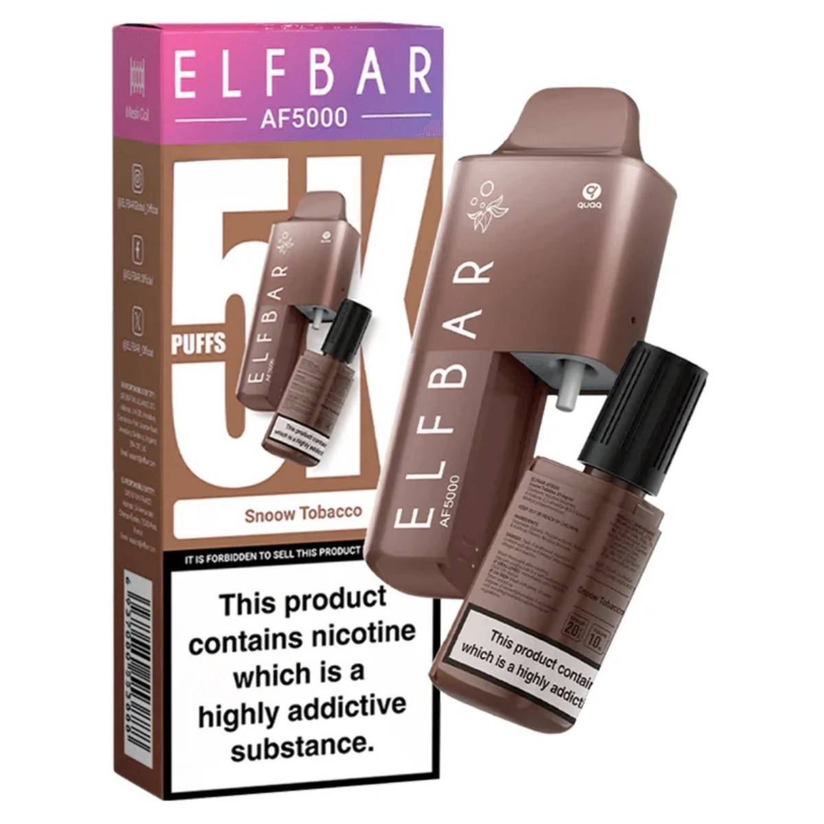 ELFBAR AF5000 Snoow Tobacco Prefilled Vape Kit 20mg in brown packaging, offers up to 5000 puffs and USB Type-C charging. Warning: Contains nicotine, a highly addictive substance. ELFBAR AF5000 Snoow Tobacco Prefilled Vape Kit 20mg in brown packaging, offers up to 5000 puffs and USB Type-C charging. Warning: Contains nicotine, a highly addictive substance.