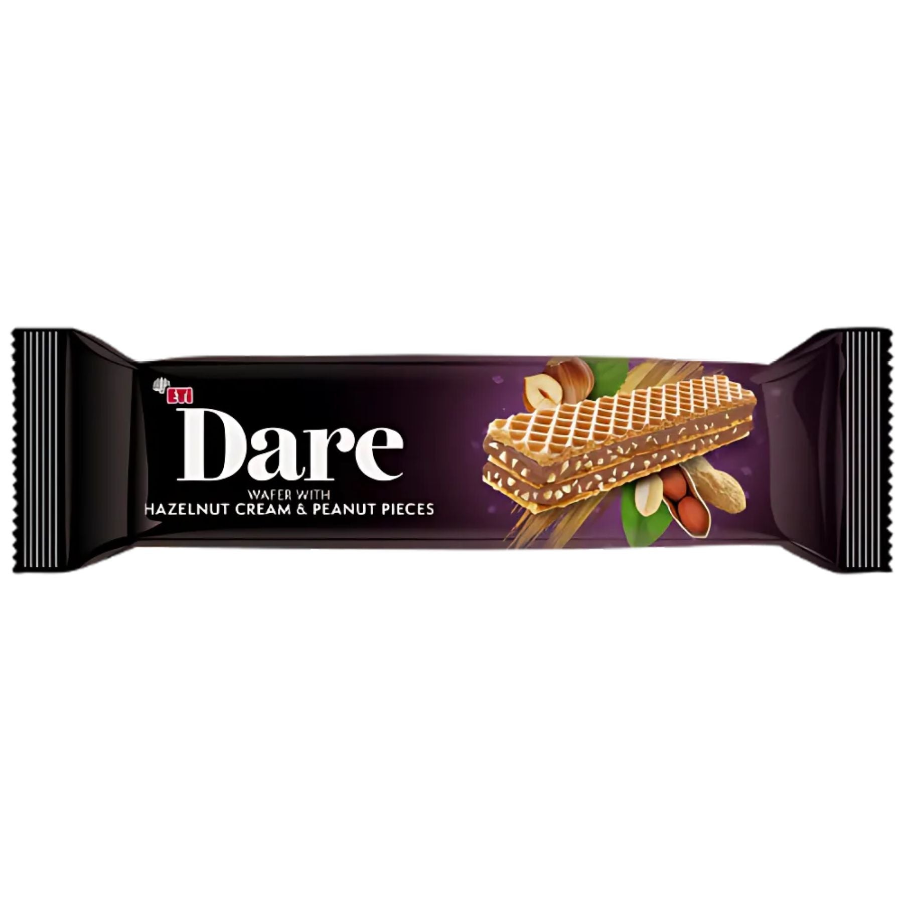ETi Dare - Wafer with Hazelnut Cream & Peanut Pieces (29g) in a package showing the wafer and hazelnuts on a dark background. ETi Dare - Wafer with Hazelnut Cream & Peanut Pieces (29g) in a package showing the wafer and hazelnuts on a dark background.