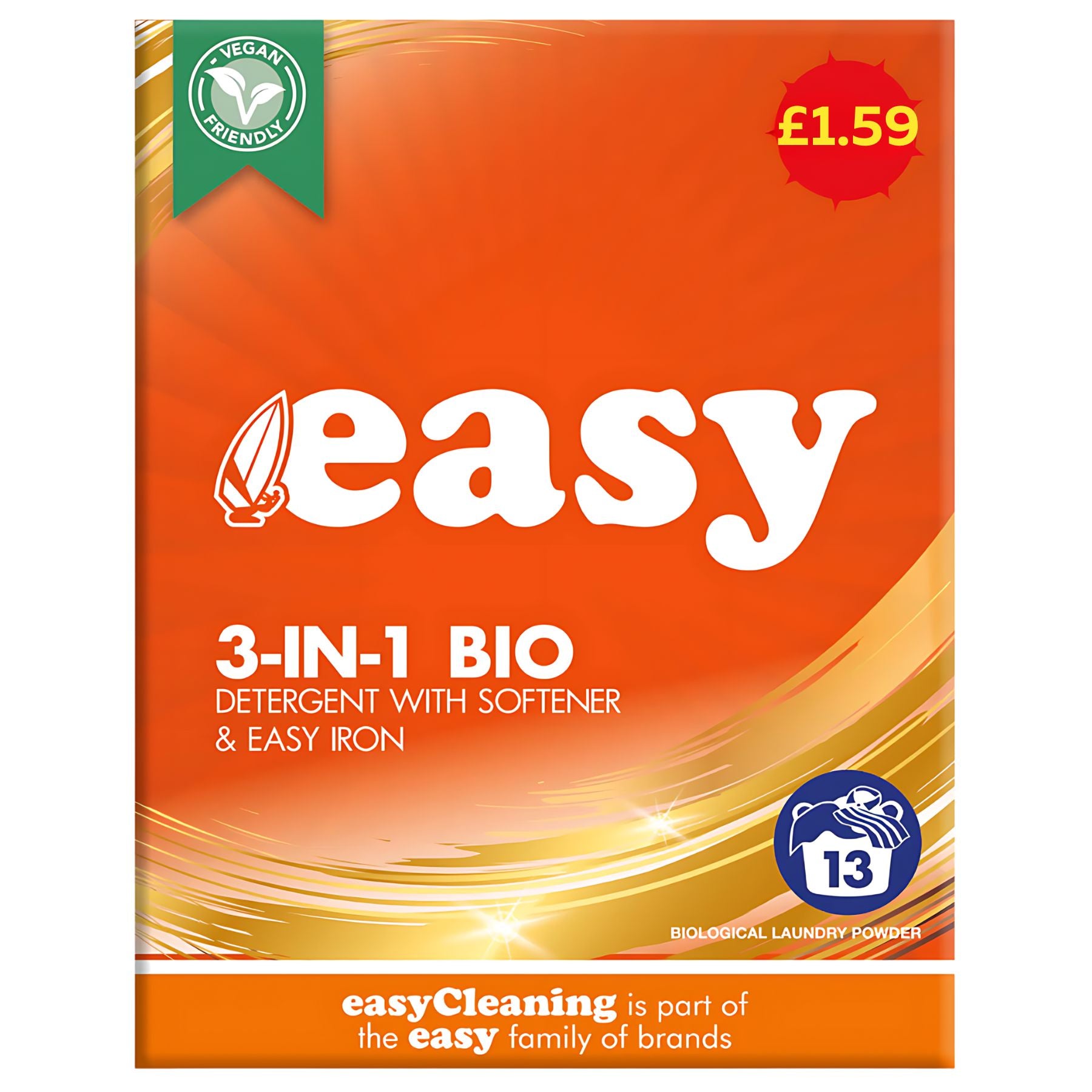 The orange box of Easy 3-In-1 Bio Detergent (884g, 13 washes) is vegan friendly, costs £1.59, includes softener, and offers easy iron plus powerful biological cleaning. The orange box of Easy 3-In-1 Bio Detergent (884g, 13 washes) is vegan friendly, costs £1.59, includes softener, and offers easy iron plus powerful biological cleaning.