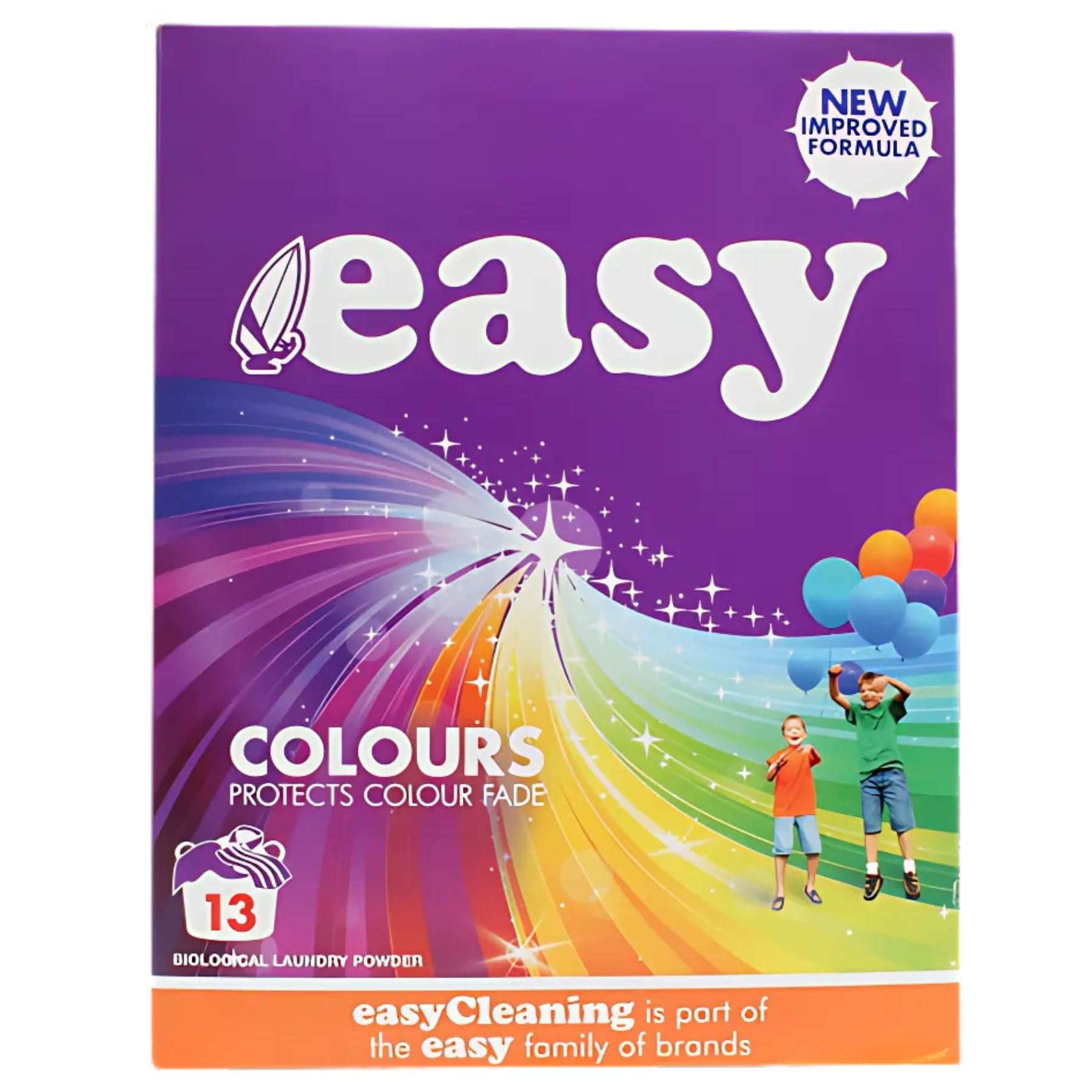 Easy - Colours Washing Powder 13 Washes (884g) comes in a box with a rainbow design and two children holding balloons, highlighting colour protection for coloured clothes and featuring a new, improved formula for superior laundry care. Easy - Colours Washing Powder 13 Washes (884g) comes in a box with a rainbow design and two children holding balloons, highlighting colour protection for coloured clothes and featuring a new, improved formula for superior laundry care.
