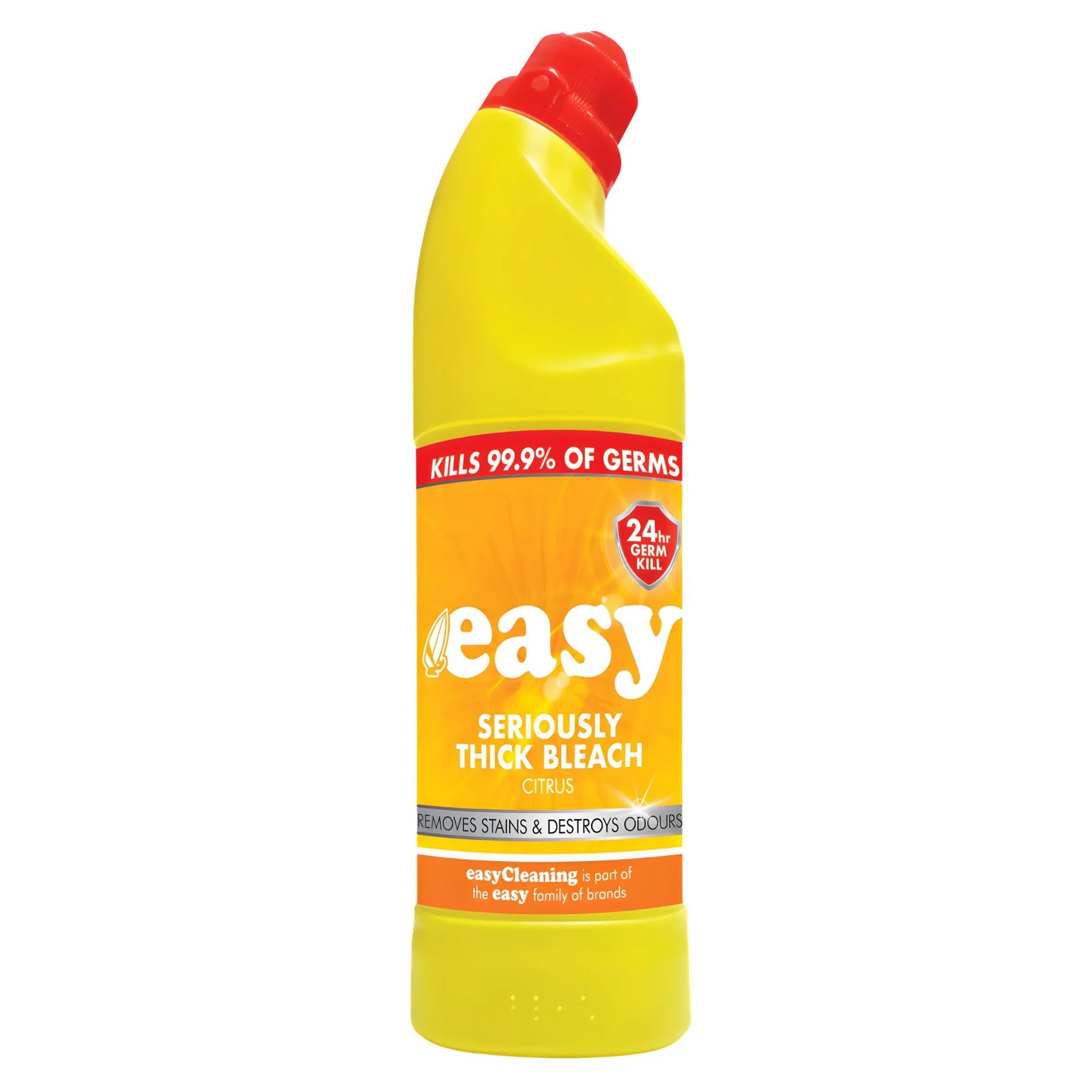 A 750ml yellow bottle of Easy - Seriously Thick Bleach Citrus with a red cap, labeled for its citrus cleaning power, thick formula, and effectiveness as a disinfectant for killing germs and removing stains. A 750ml yellow bottle of Easy - Seriously Thick Bleach Citrus with a red cap, labeled for its citrus cleaning power, thick formula, and effectiveness as a disinfectant for killing germs and removing stains.