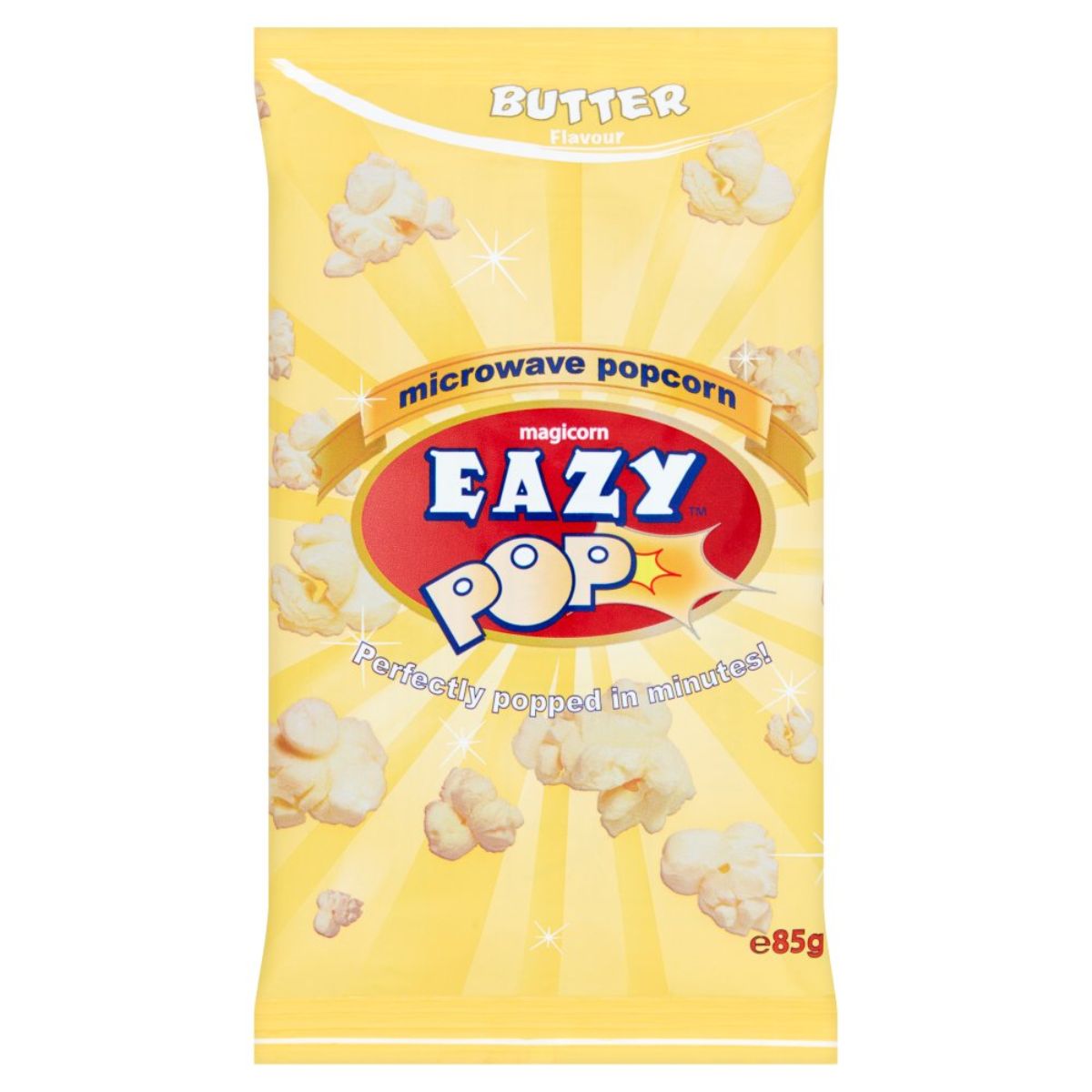 A bag of Eazy Pop - Magicorn Microwave Popcorn Butter Flavour - 85g on a white background. A bag of Eazy Pop - Magicorn Microwave Popcorn Butter Flavour - 85g on a white background.