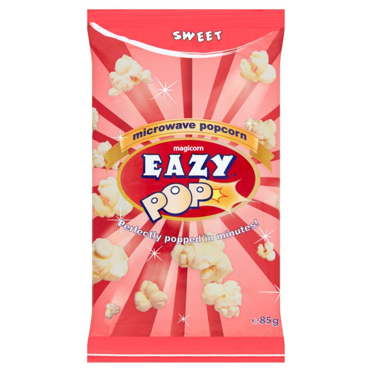 A bag of Eazy Pop - Magicorn Sweet Microwave Popcorn - 85g on a white background. A bag of Eazy Pop - Magicorn Sweet Microwave Popcorn - 85g on a white background.