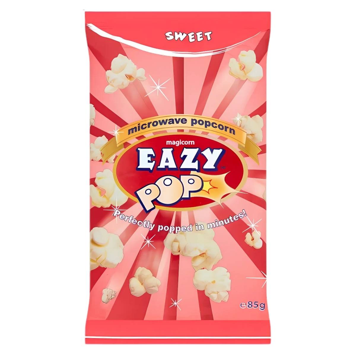Eazy Pop's red 85g microwave popcorn pack, now gluten-free and high in fiber, features popcorn graphics and the phrase "Perfectly popped in minutes!. Eazy Pop's red 85g microwave popcorn pack, now gluten-free and high in fiber, features popcorn graphics and the phrase "Perfectly popped in minutes!.