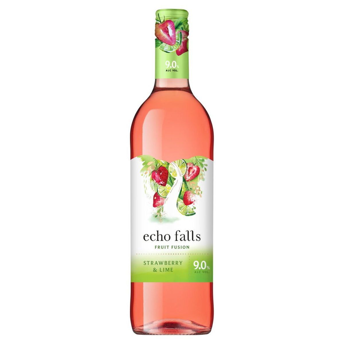 A bottle of Echo Falls - Strawberry & Lime Fruit Fusion (9.0% ABV) - 750ml wine with a label on it. A bottle of Echo Falls - Strawberry & Lime Fruit Fusion (9.0% ABV) - 750ml wine with a label on it.