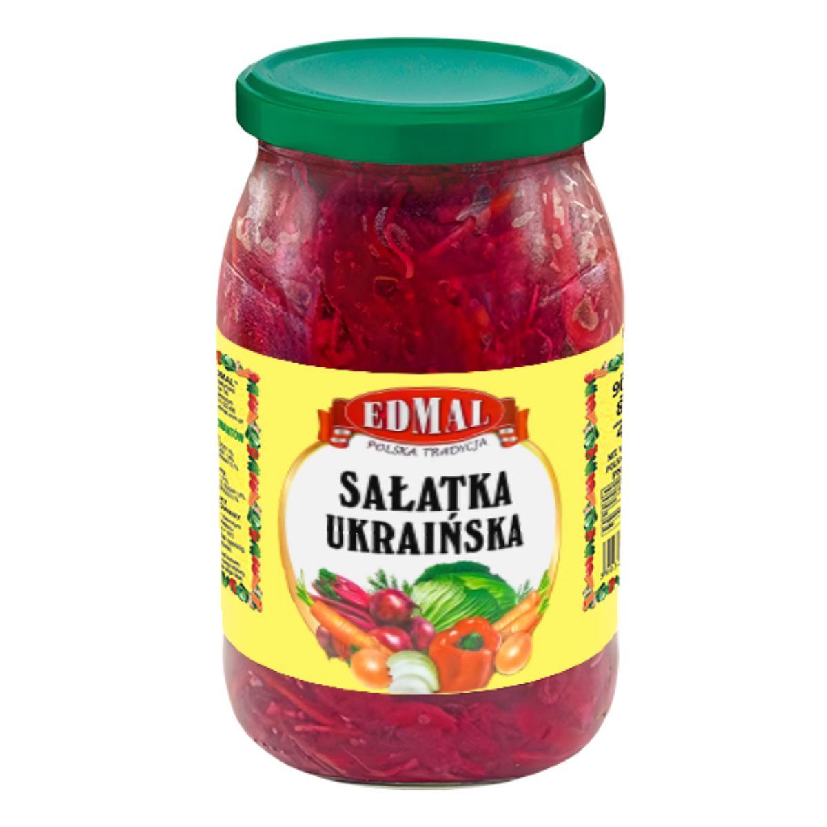 Jar of Edmal Ukrainian Salad "Sałatka Ukraińska" - 900g, with a green lid and a colorful label showcasing various vegetables. Jar of Edmal Ukrainian Salad "Sałatka Ukraińska" - 900g, with a green lid and a colorful label showcasing various vegetables.