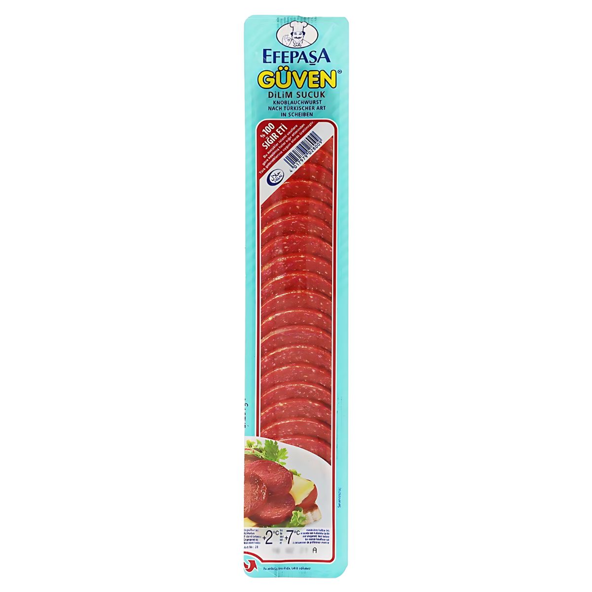 Efepasa - Sliced Sucuk (Halal) - 200g is presented in a rectangular turquoise pack featuring a photo of sliced sausage in the lower left corner. Efepasa - Sliced Sucuk (Halal) - 200g is presented in a rectangular turquoise pack featuring a photo of sliced sausage in the lower left corner.
