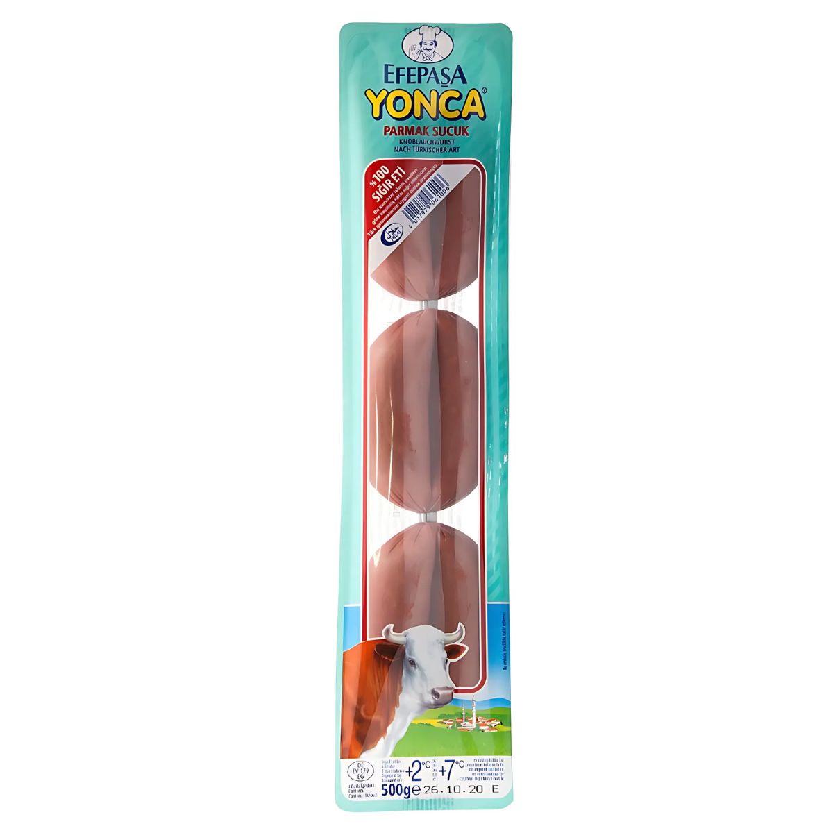 Efepasa Yonca Finger Sucuk (Halal) 500g is a vacuum-sealed Turkish sausage with three links, featuring a cow illustration and product details on the label—a tasty Mediterranean delicacy. Efepasa Yonca Finger Sucuk (Halal) 500g is a vacuum-sealed Turkish sausage with three links, featuring a cow illustration and product details on the label—a tasty Mediterranean delicacy.