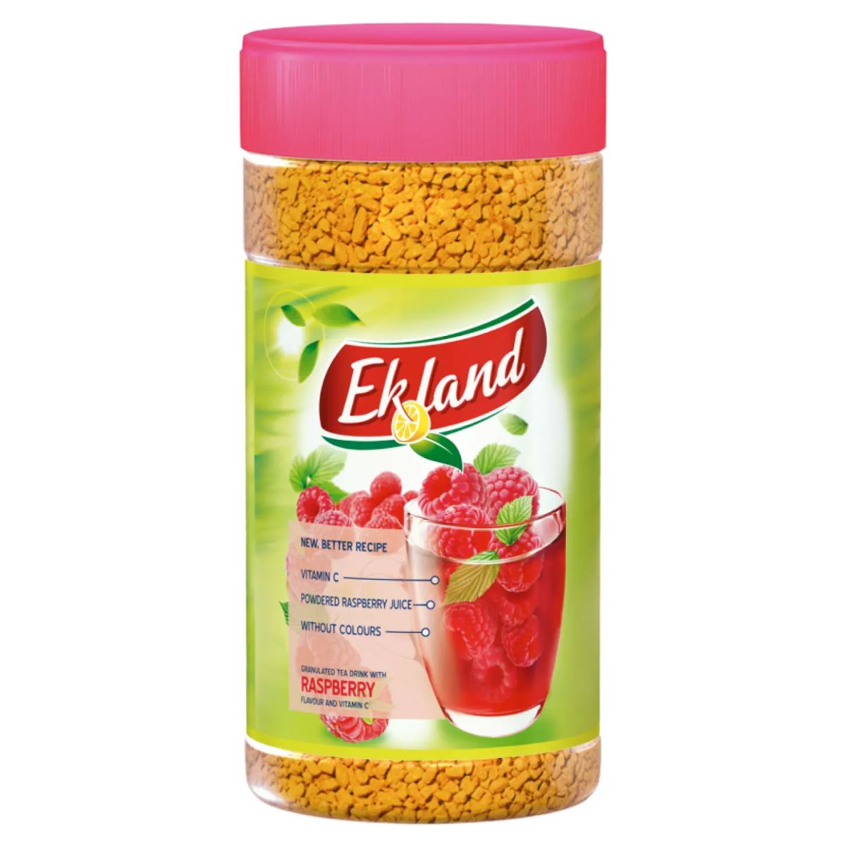 Jar of Ekoland Instant Raspberry Flavour Tea, featuring a pink lid. The label displays a glass of red drink alongside raspberries, highlighting the refreshing tea blend enriched with vitamin C and free from added colors. Jar of Ekoland Instant Raspberry Flavour Tea, featuring a pink lid. The label displays a glass of red drink alongside raspberries, highlighting the refreshing tea blend enriched with vitamin C and free from added colors.