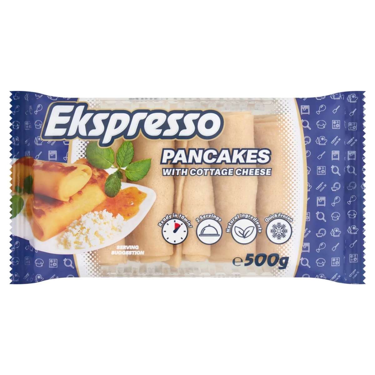 Ekspresso - Pancakes with Cottage Cheese packaging, ideal for breakfast, includes a serving suggestion, cooking symbols, and a blue background with icons. Weight: 500g. Ekspresso - Pancakes with Cottage Cheese packaging, ideal for breakfast, includes a serving suggestion, cooking symbols, and a blue background with icons. Weight: 500g.