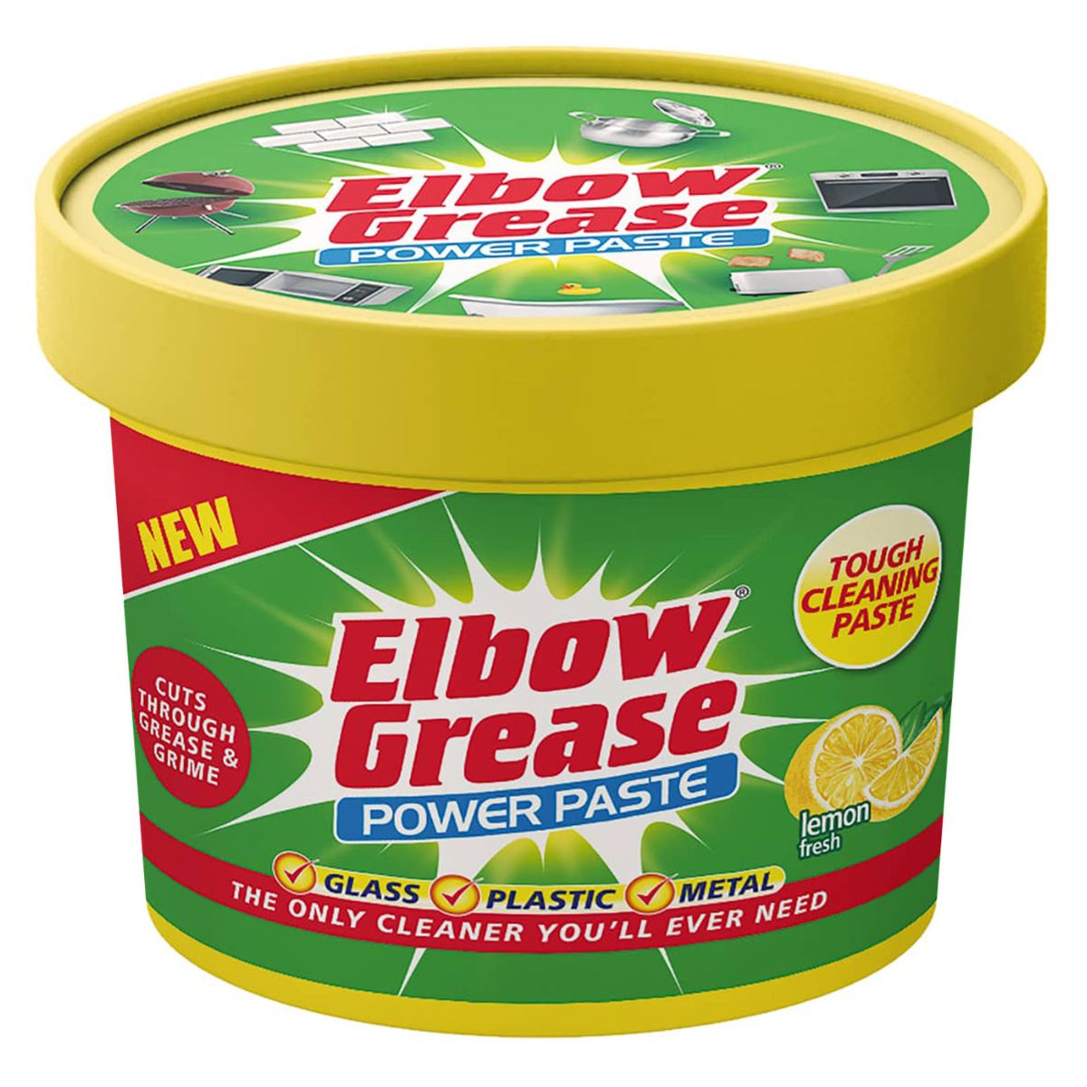 A yellow tub of Elbow Grease - Power Paste Multi Purpose Cleaner - 350g.