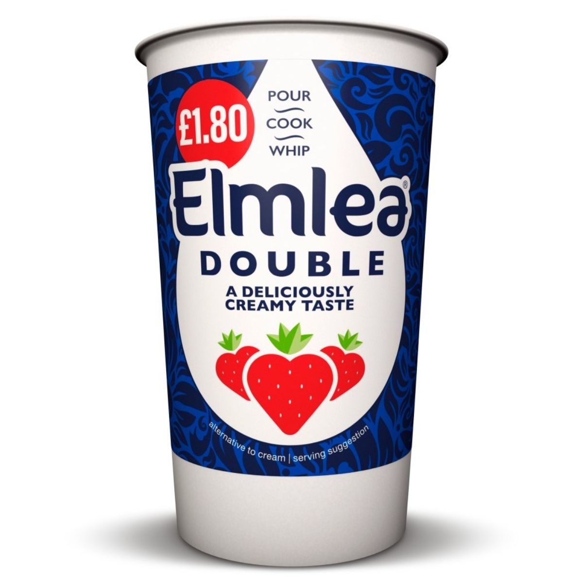 A 270ml tub of Elmlea Double Cream in blue and white packaging, priced at £1.80, features two strawberries on the label—a versatile dairy alternative for all your recipes. A 270ml tub of Elmlea Double Cream in blue and white packaging, priced at £1.80, features two strawberries on the label—a versatile dairy alternative for all your recipes.