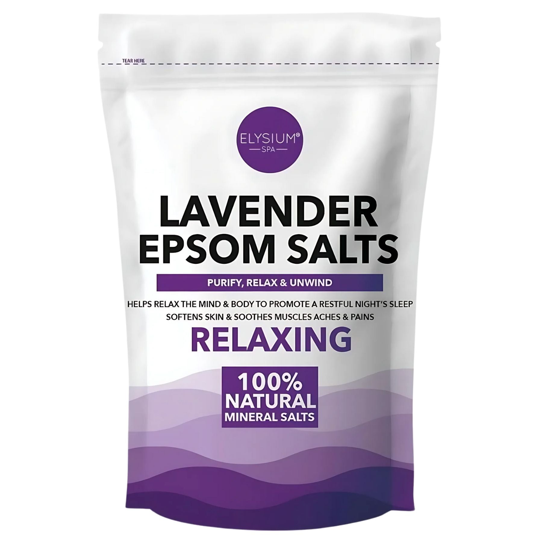 A white and purple bag of Elysium - Lavender Epsom Salts 100% Natural Mineral Salts (450g) from Elysium, highlighting soothing benefits for muscle relaxation during a lavender-infused bath. A white and purple bag of Elysium - Lavender Epsom Salts 100% Natural Mineral Salts (450g) from Elysium, highlighting soothing benefits for muscle relaxation during a lavender-infused bath.