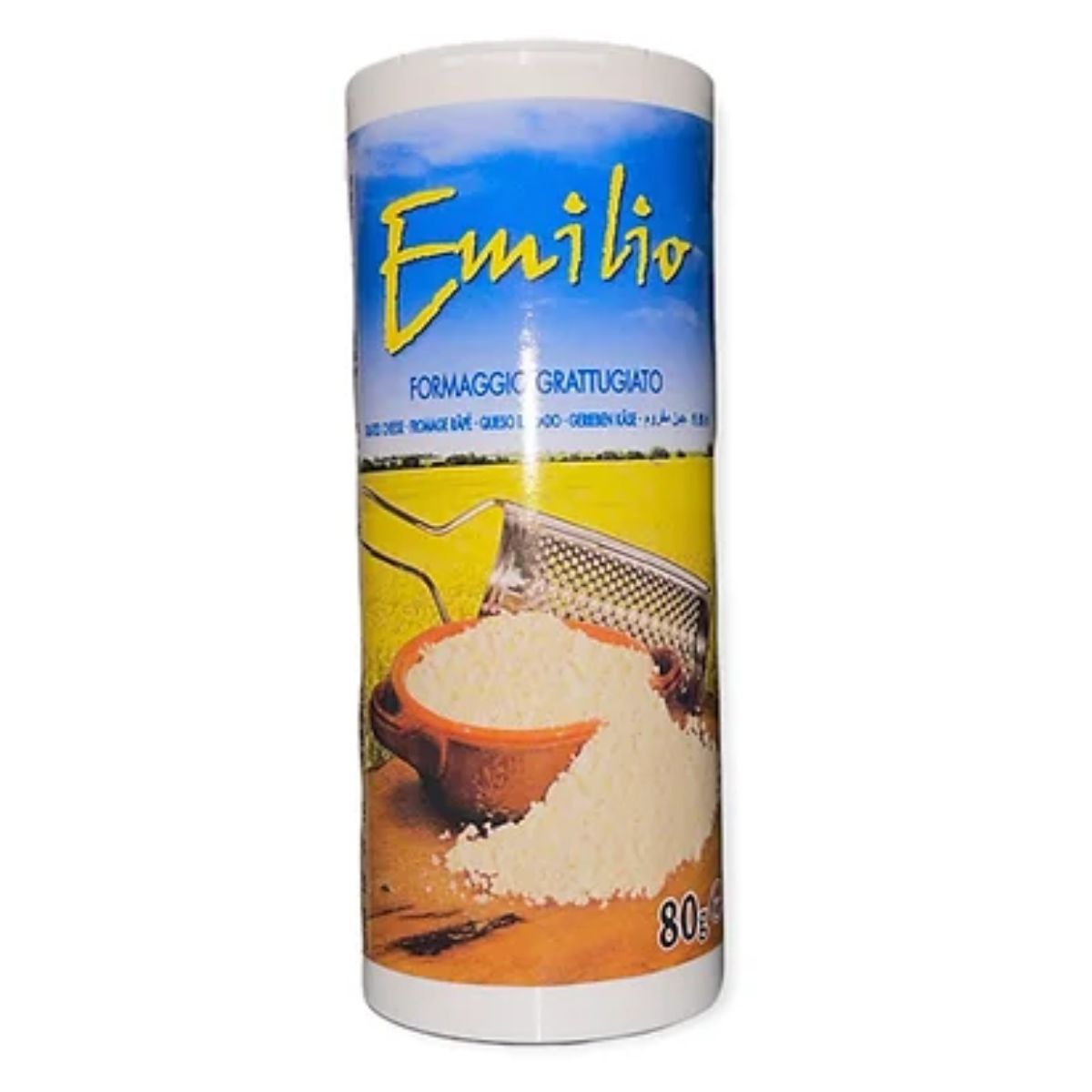 A can of Emilio - Grated Cheese Mix - 80g on a white background.