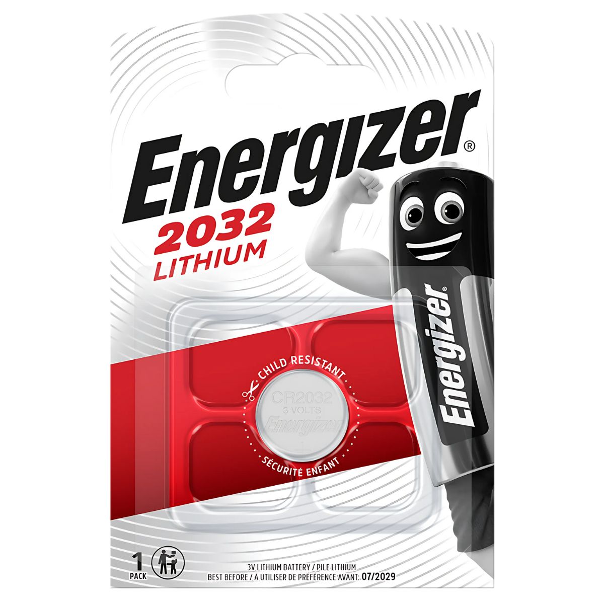 Energizer - Lithium 2032 Battery - 1 Pack comes in child-resistant packaging, featuring bold branding and a mascot illustration on the front. Energizer - Lithium 2032 Battery - 1 Pack comes in child-resistant packaging, featuring bold branding and a mascot illustration on the front.