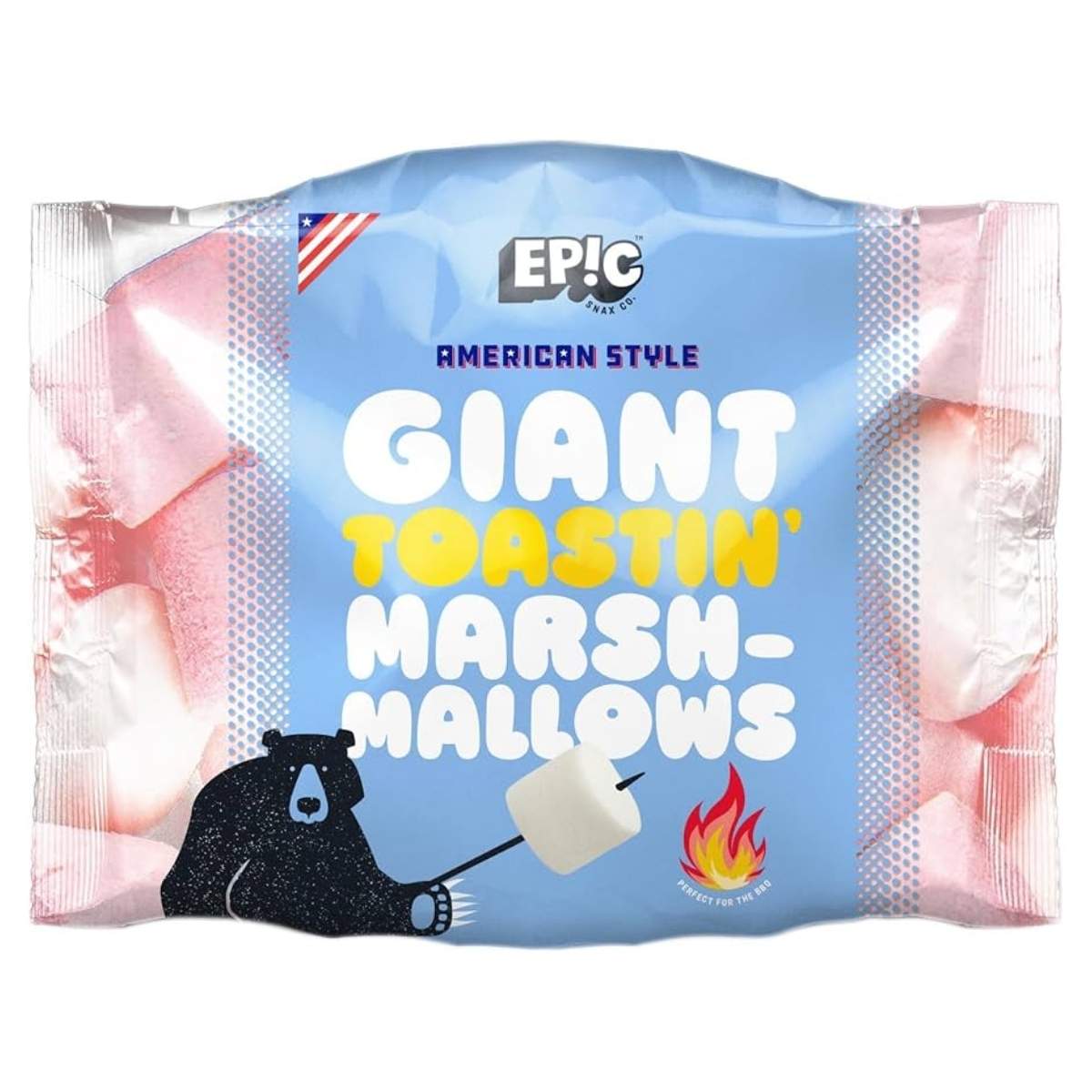 Bag of Epic Giant Toastin Marshmallows - 500g, ideal for making delicious s'mores. The packaging showcases a cheerful bear roasting a marshmallow over a fire, embodying the spirit of outdoor enjoyment. Bag of Epic Giant Toastin Marshmallows - 500g, ideal for making delicious s'mores. The packaging showcases a cheerful bear roasting a marshmallow over a fire, embodying the spirit of outdoor enjoyment.