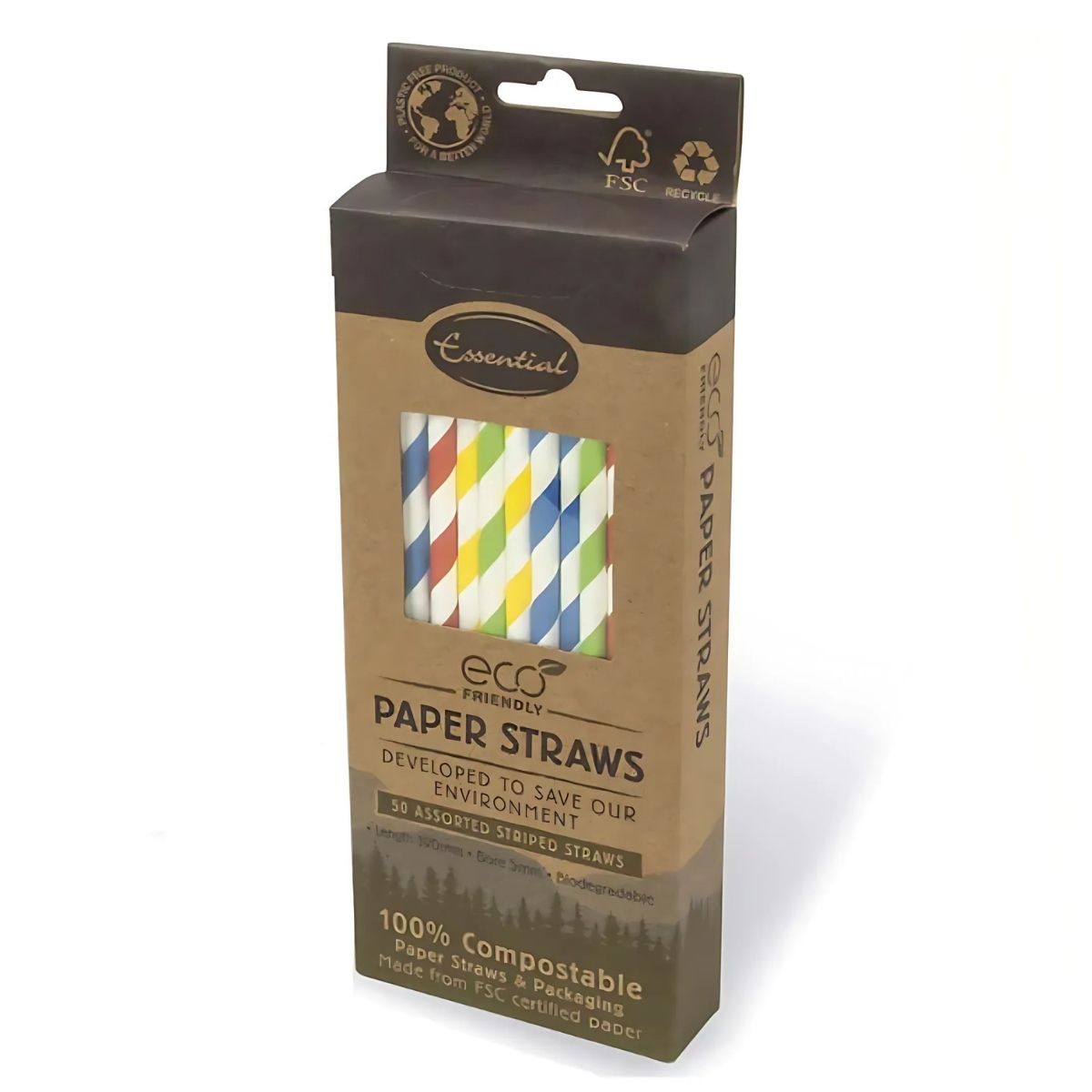 Box of Essential Eco-Friendly Paper Straws, 50 pcs, featuring assorted stripes. Made from FSC-certified materials; the packaging highlights recyclability and offers a sustainable, compostable alternative. Box of Essential Eco-Friendly Paper Straws, 50 pcs, featuring assorted stripes. Made from FSC-certified materials; the packaging highlights recyclability and offers a sustainable, compostable alternative.
