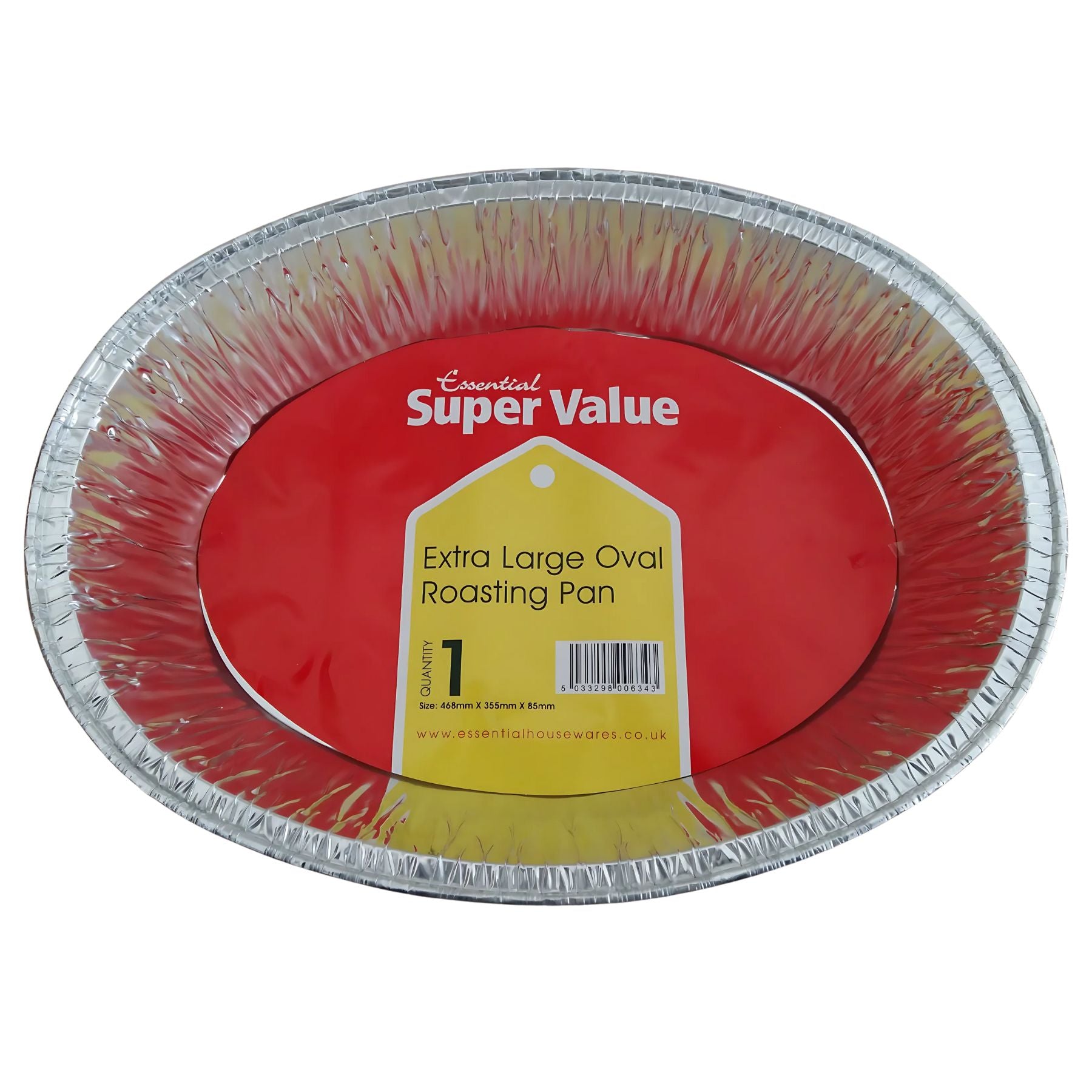 The Essential Extra Large Oval Roasting Pan (468mm x 355mm x 85mm) features a red and yellow "Super Value" label and packaging that highlights it as an oval pan for roasting, clearly displaying its size. The Essential Extra Large Oval Roasting Pan (468mm x 355mm x 85mm) features a red and yellow "Super Value" label and packaging that highlights it as an oval pan for roasting, clearly displaying its size.