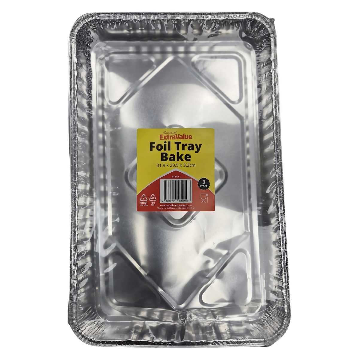 The Essential ExtraValue Foil Tray Bake - 3 pack features a rectangular baking tray, ideal for roasting or creating delicious foil tray bakes, with a black and yellow label that displays product information and dimensions. The Essential ExtraValue Foil Tray Bake - 3 pack features a rectangular baking tray, ideal for roasting or creating delicious foil tray bakes, with a black and yellow label that displays product information and dimensions.