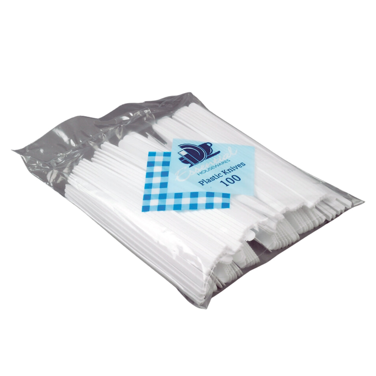 A sealed clear plastic bag containing a bundle of Essential - White Plastic Knives - 100 Pack, including forks, knives, and spoons. A sealed clear plastic bag containing a bundle of Essential - White Plastic Knives - 100 Pack, including forks, knives, and spoons.