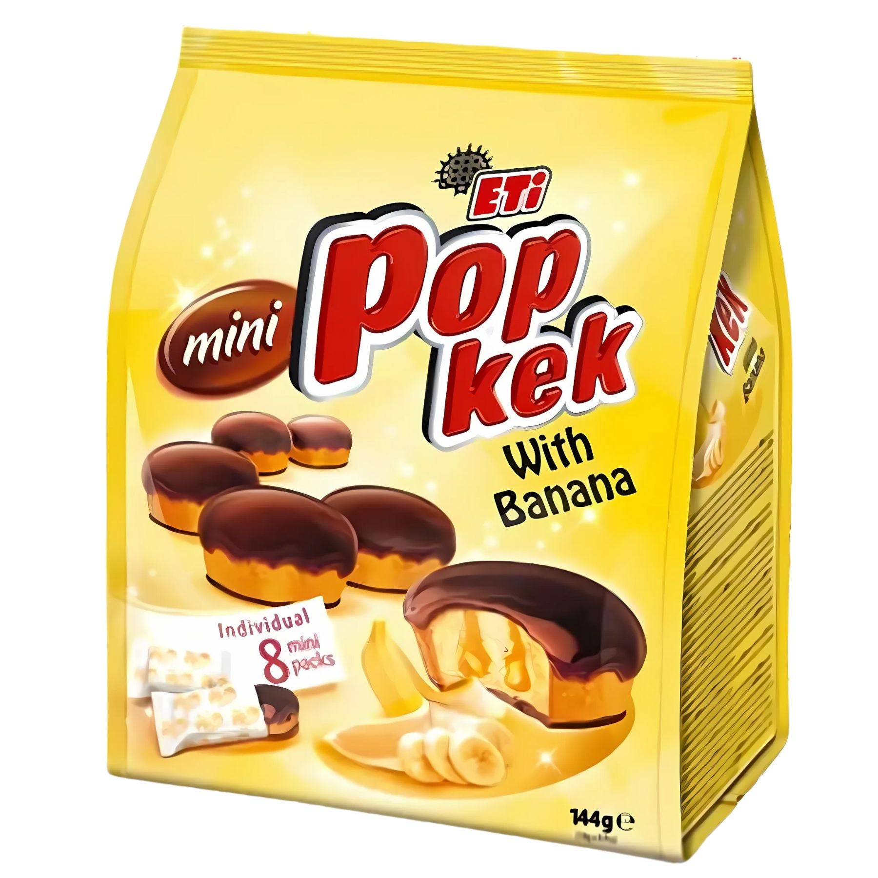 A yellow pack of Eti Pop Kek with Banana Mini (144g) contains 8 cocoa-coated mini cakes with banana sauce filling, each featuring images of banana slices on the packaging. A yellow pack of Eti Pop Kek with Banana Mini (144g) contains 8 cocoa-coated mini cakes with banana sauce filling, each featuring images of banana slices on the packaging.
