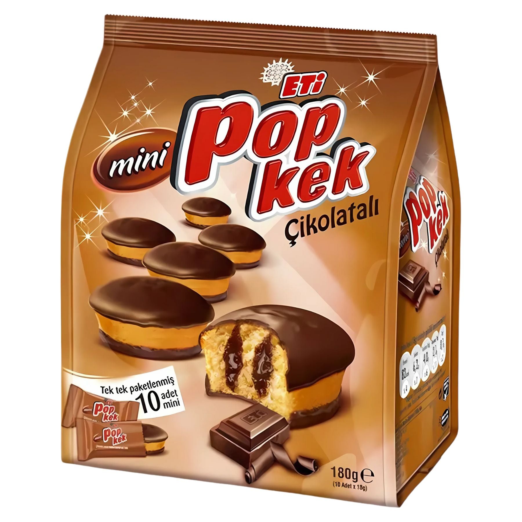 A 144g bag of Eti Pop Kek with Chocolate Mini Cakes, filled with rich chocolate and packaging that displays images of the mini cakes and a tempting chocolate bar. A 144g bag of Eti Pop Kek with Chocolate Mini Cakes, filled with rich chocolate and packaging that displays images of the mini cakes and a tempting chocolate bar.