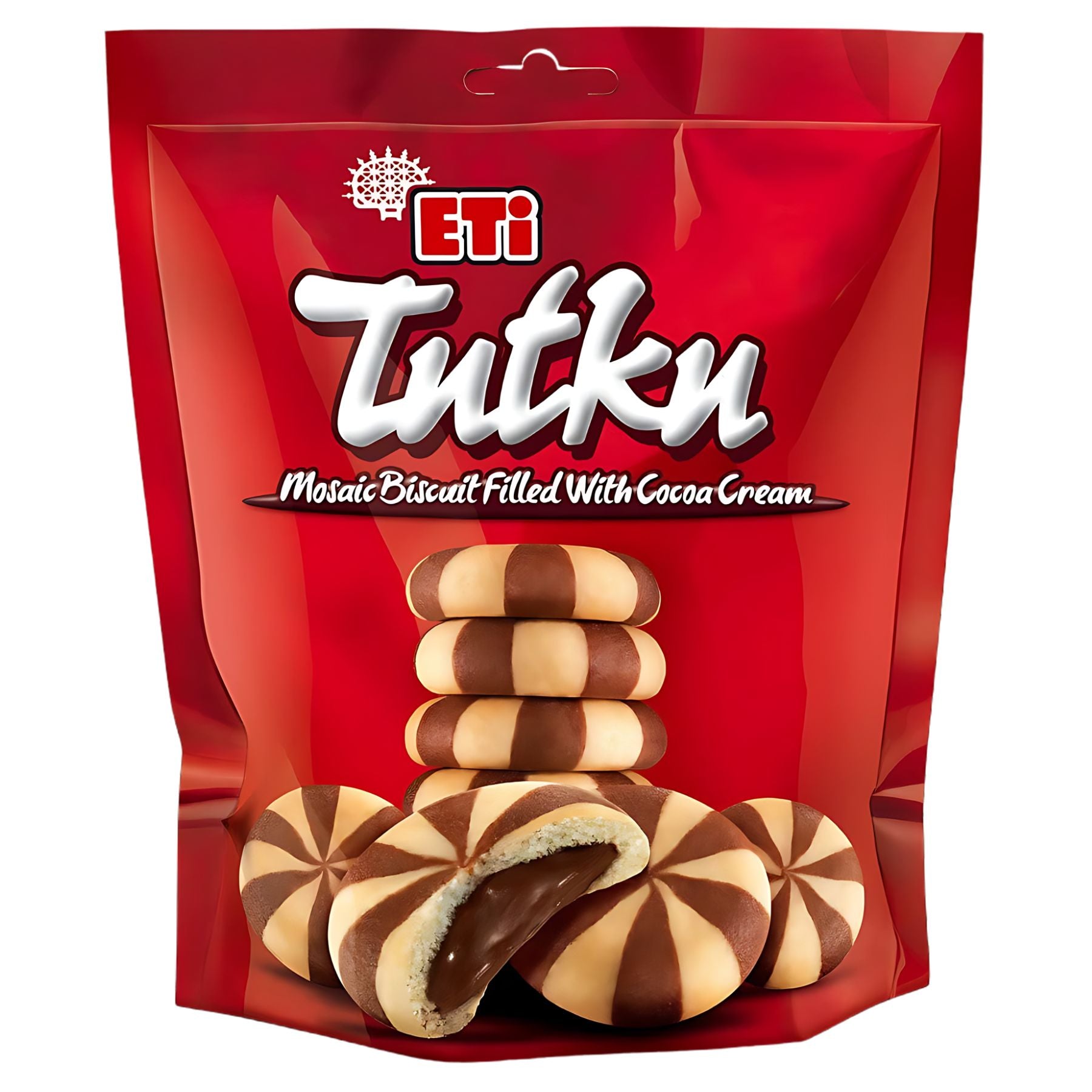 A red package of Eti - Tutku Biscuit - 160g shows mosaic biscuits filled with rich cocoa cream, featuring images of whole and split-open treats with visible chocolate filling. A red package of Eti - Tutku Biscuit - 160g shows mosaic biscuits filled with rich cocoa cream, featuring images of whole and split-open treats with visible chocolate filling.