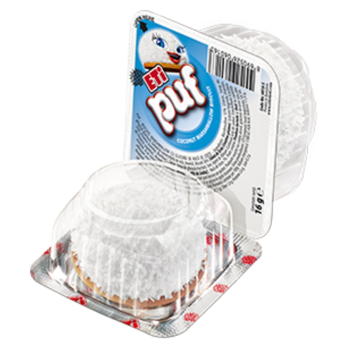 An opened plastic container reveals the Eti Puf Coconut Marshmallow Biscuit Snack, a delightful packaged dessert with a white fluffy topping and biscuit base. An opened plastic container reveals the Eti Puf Coconut Marshmallow Biscuit Snack, a delightful packaged dessert with a white fluffy topping and biscuit base.
