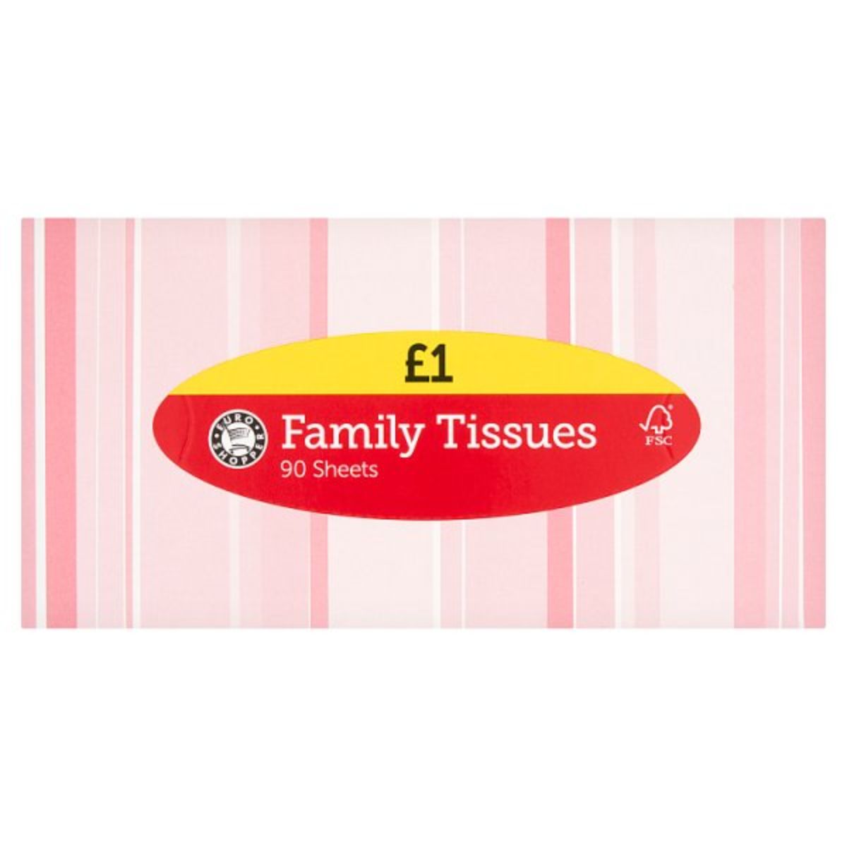 A pink and white striped tissue with the words Euro Shopper - Family Tissues - 90 Sheets on it.