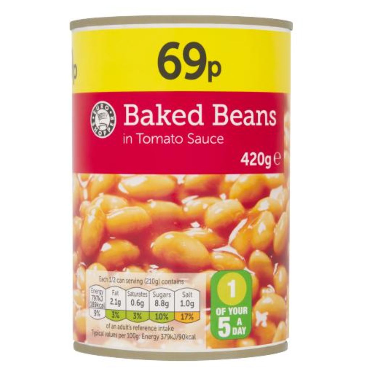 A Euro Shopper - Baked Beans in Tomato Sauce - 420g, labeled with nutritional information and priced at 69 pence. A Euro Shopper - Baked Beans in Tomato Sauce - 420g, labeled with nutritional information and priced at 69 pence.