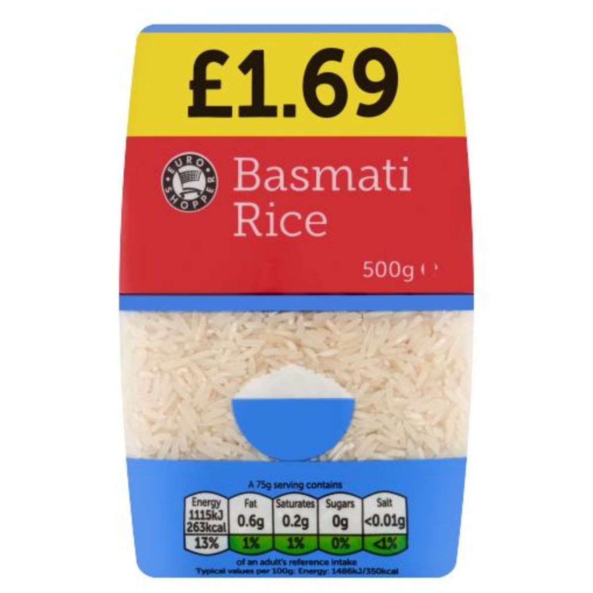 A package of Euro Shopper - Basmati Rice - 500g on a white background. A package of Euro Shopper - Basmati Rice - 500g on a white background.