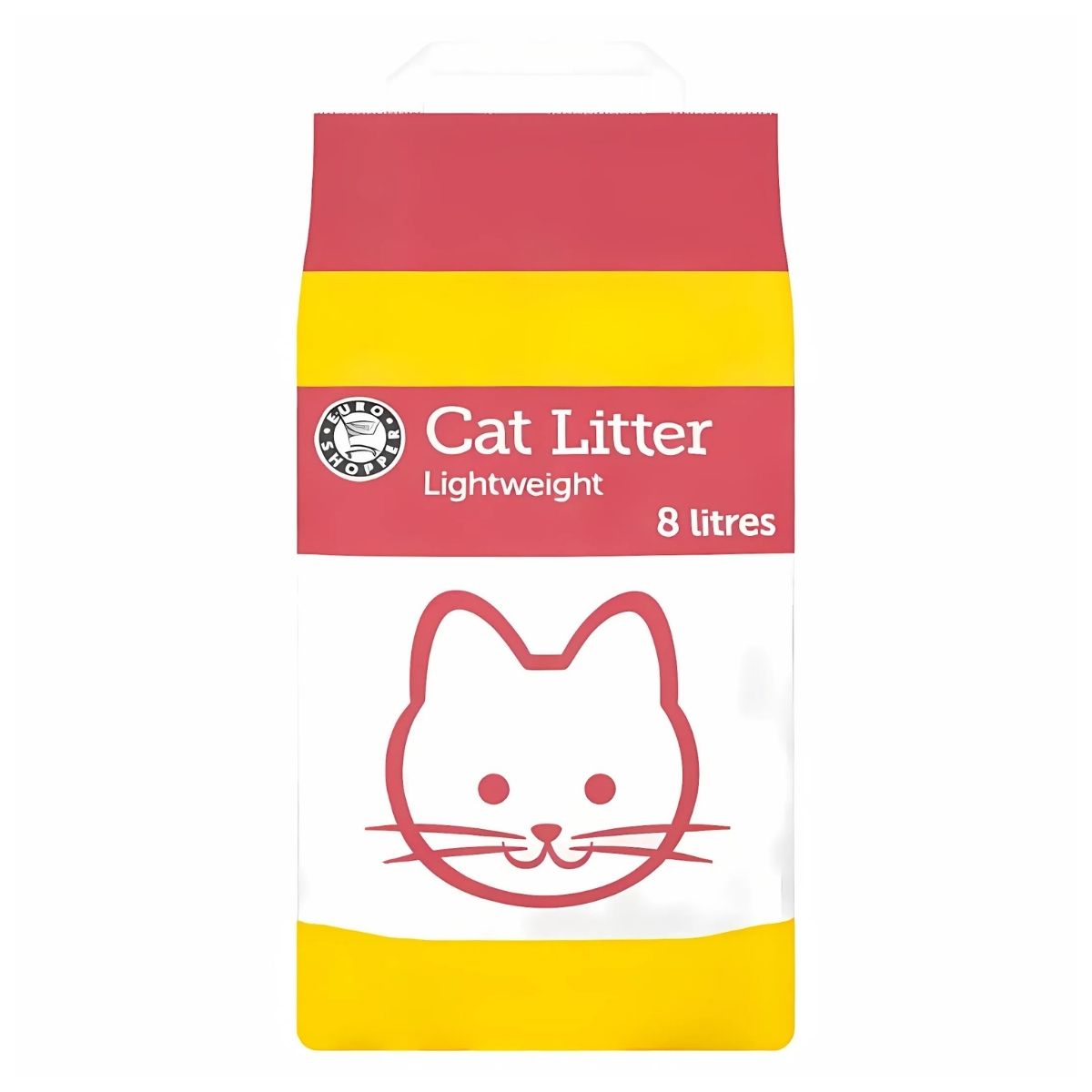A bag of Euro Shopper Cat Litter (Lightweight) 8L with a simple cat face design on the front, providing effective odor control. A bag of Euro Shopper Cat Litter (Lightweight) 8L with a simple cat face design on the front, providing effective odor control.