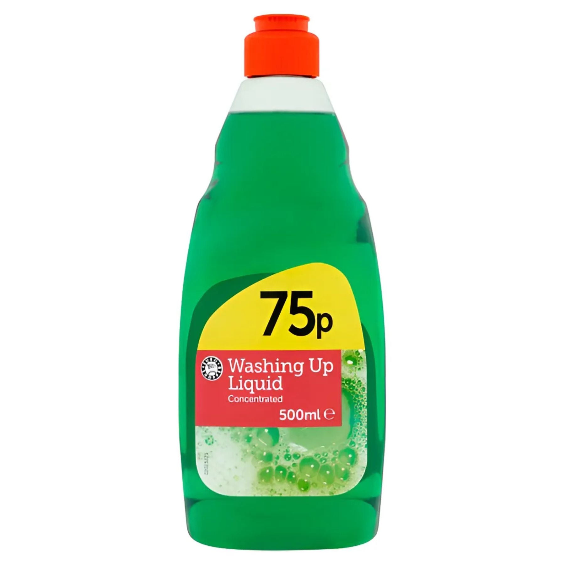 Euro Shopper Concentrated Washing Up Liquid, 500ml with a red cap, labeled "75p" and "Washing Up Liquid," delivers powerful cleaning for sparkling dishes. Euro Shopper Concentrated Washing Up Liquid, 500ml with a red cap, labeled "75p" and "Washing Up Liquid," delivers powerful cleaning for sparkling dishes.