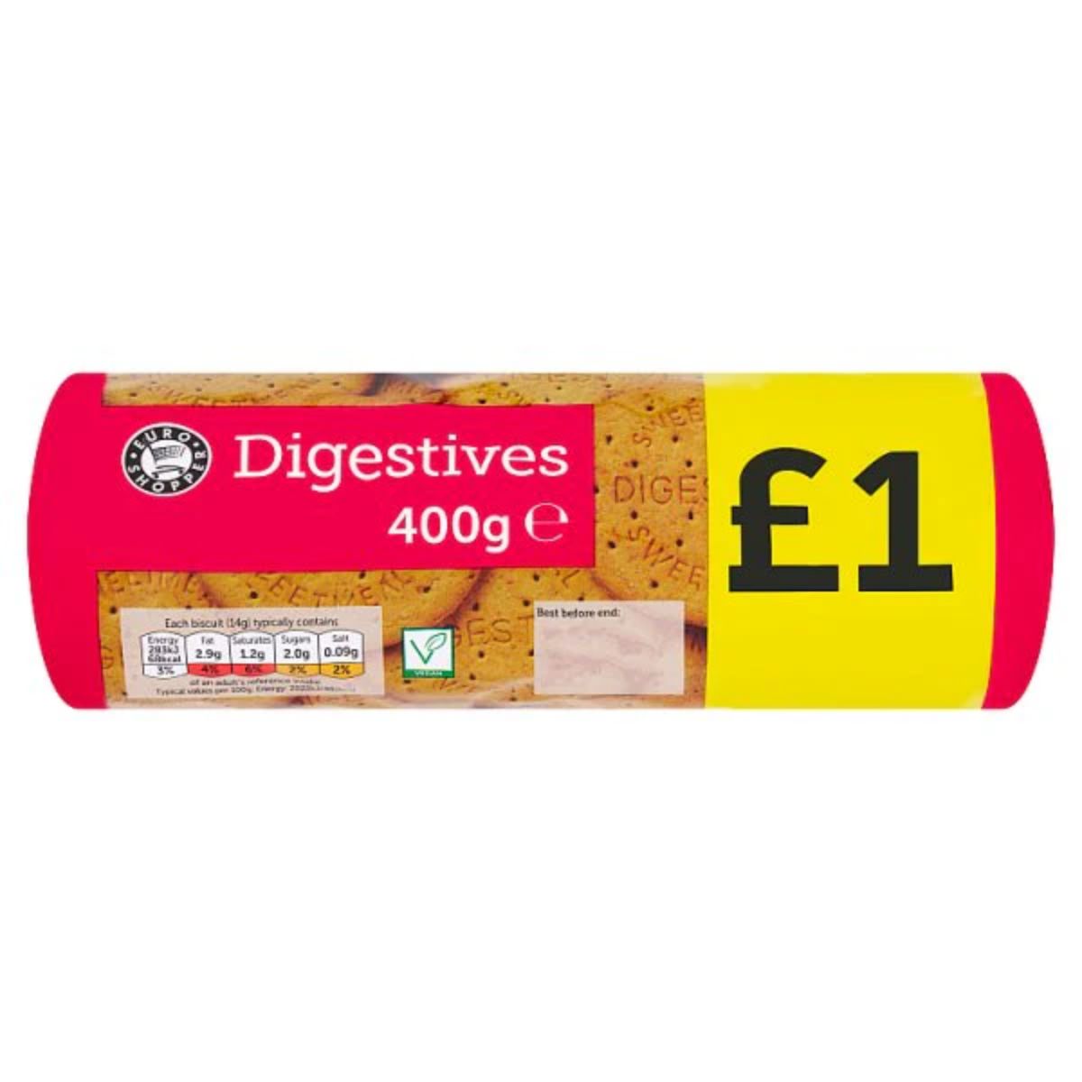 A 400g package of Euro Shopper Digestives Biscuits priced at £1, featuring a red and yellow label. A 400g package of Euro Shopper Digestives Biscuits priced at £1, featuring a red and yellow label.