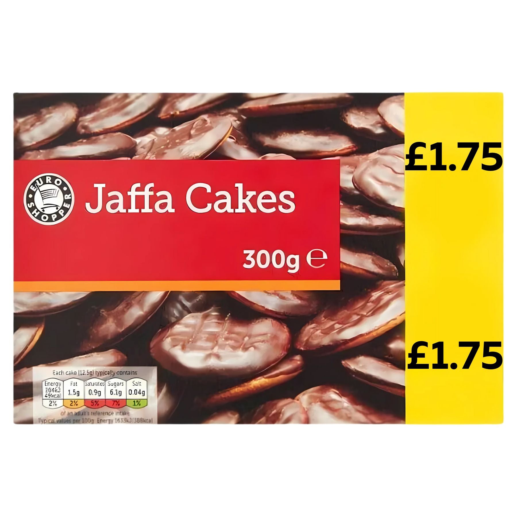 A 300g box of Euro Shopper Jaffa Cake with a yellow £1.75 label on the right—ideal for fans of classic orange chocolate cake treats. A 300g box of Euro Shopper Jaffa Cake with a yellow £1.75 label on the right—ideal for fans of classic orange chocolate cake treats.