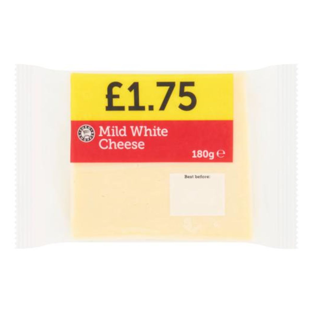 A bag of Euro Shopper - Mild White Cheese - 180g on a white background. A bag of Euro Shopper - Mild White Cheese - 180g on a white background.