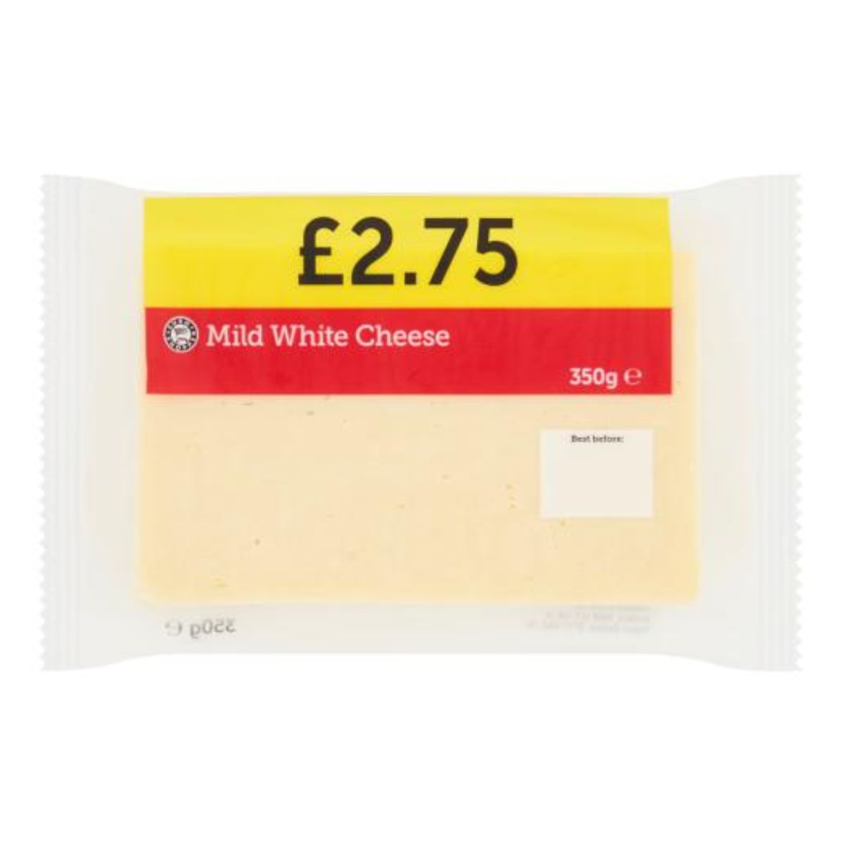 A bag of Euro Shopper - Mild White Cheese - 350g on a white background. A bag of Euro Shopper - Mild White Cheese - 350g on a white background.